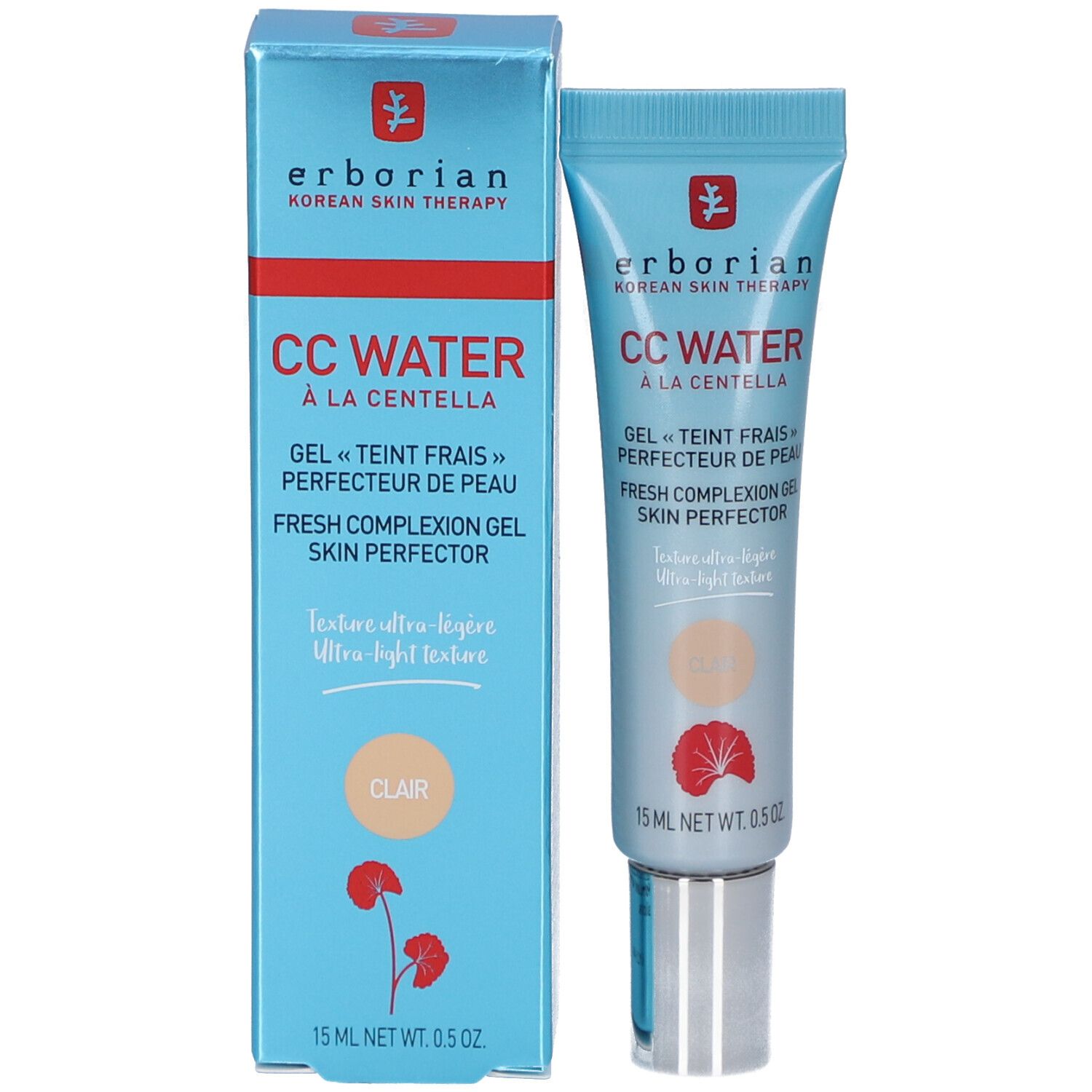 Produkt und Verpackung. CC Water Clair, hellblau, mit Text und Logo von Erborian.