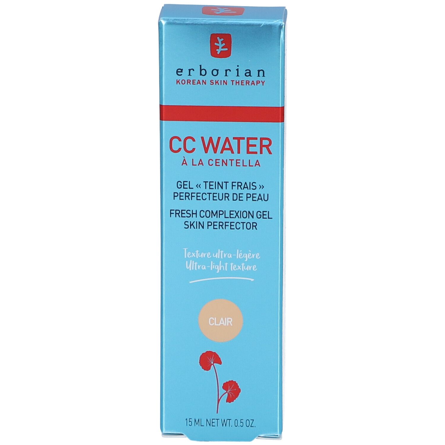 Schachtel mit CC Water Clair. Hellblau, mit Text und Logo von Erborian.