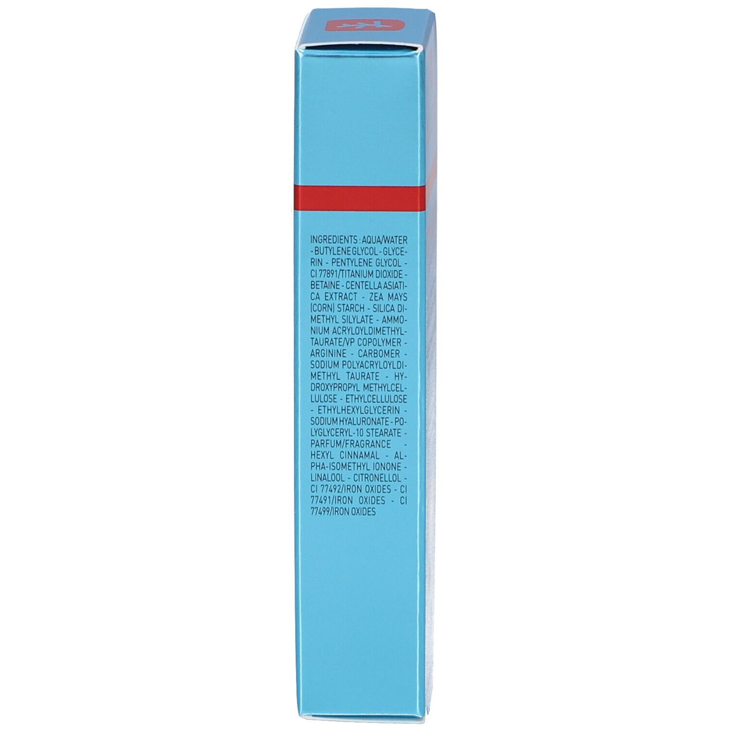 Seite der Schachtel mit Inhaltsstoffen. Text in weißer Schrift auf hellblauem Hintergrund.