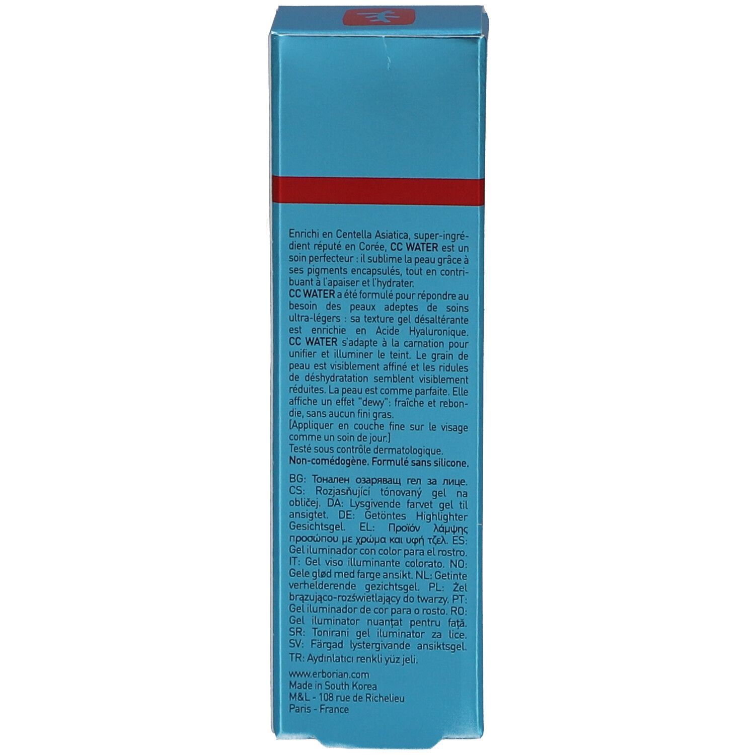 Seite der Schachtel mit Produktinformationen. Text in verschiedenen Sprachen.