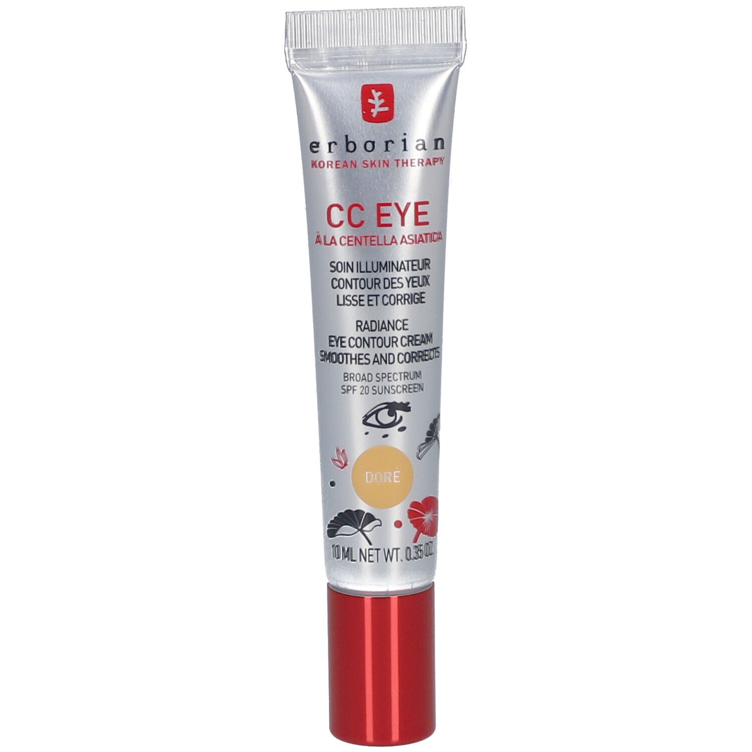 Creme-Tube mit roter Kappe. Aufschrift: CC EYE, Doré. Enthält 10 ml. Marke: Erborian.