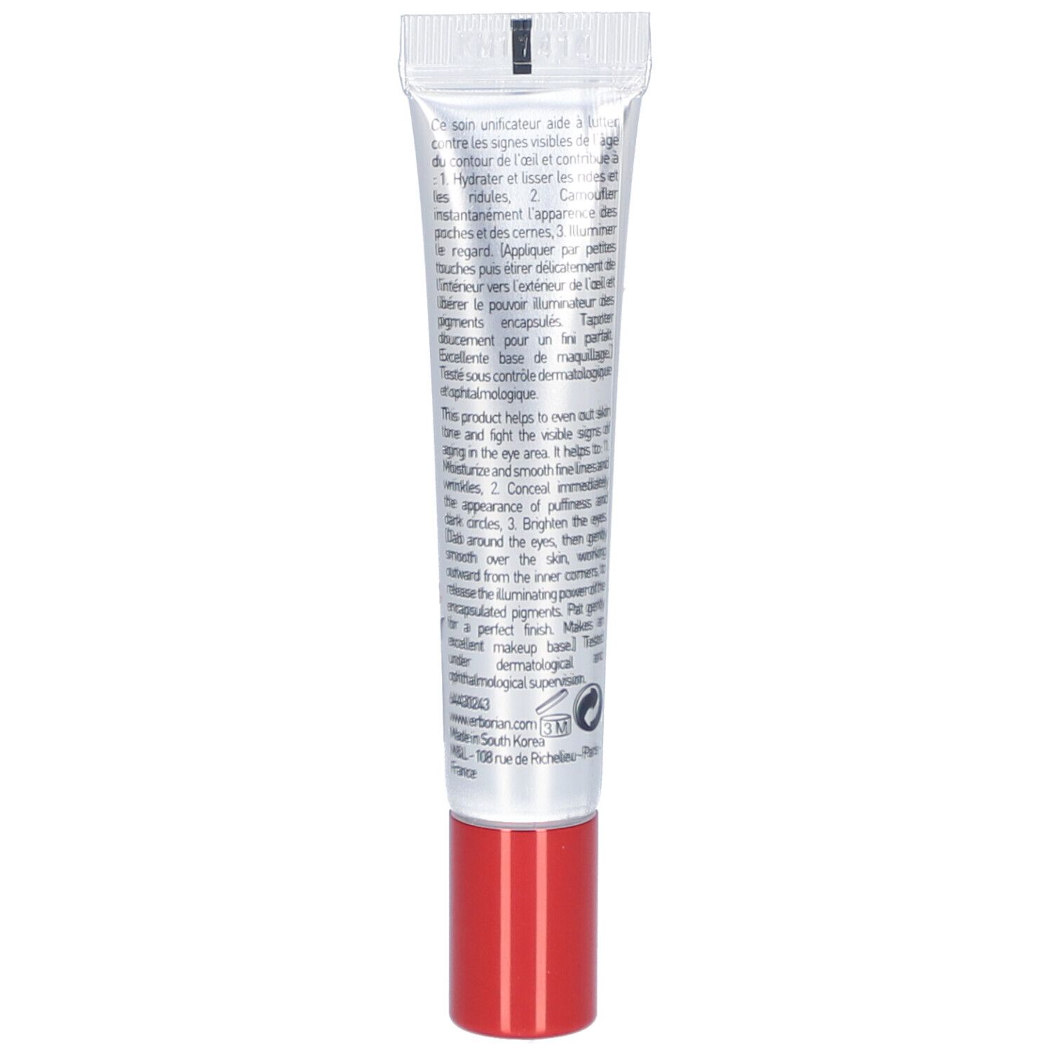 Rückseite des Creme-Tubes. Text in mehreren Sprachen. Enthält Informationen zum Produkt.