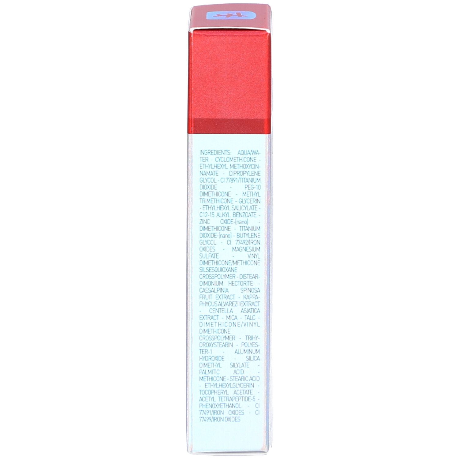 Rückseite der Produktverpackung. Auflistung der Inhaltsstoffe. Text in englischer Sprache.