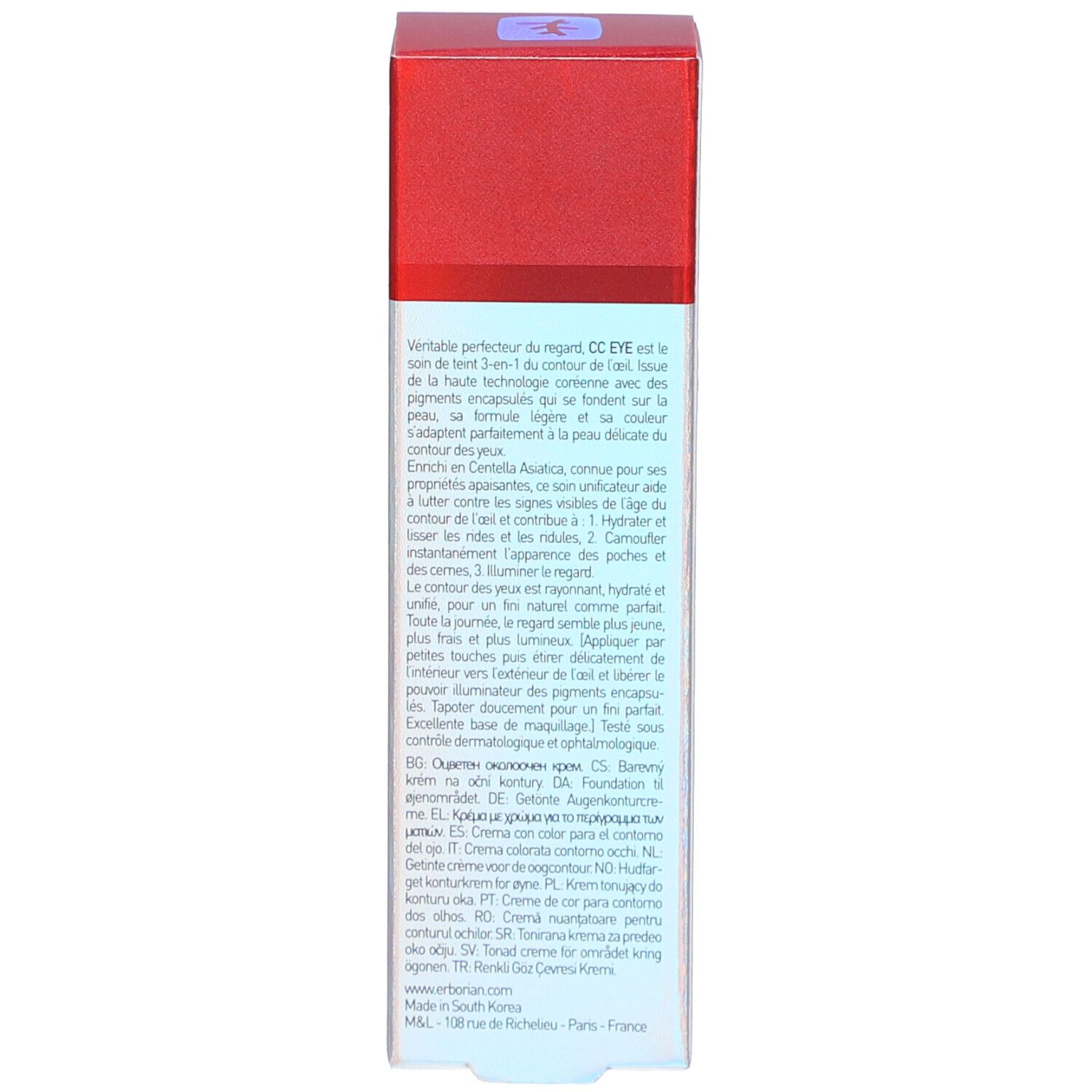Rückseite der Produktverpackung. Text in mehreren Sprachen. Informationen zum Produkt.