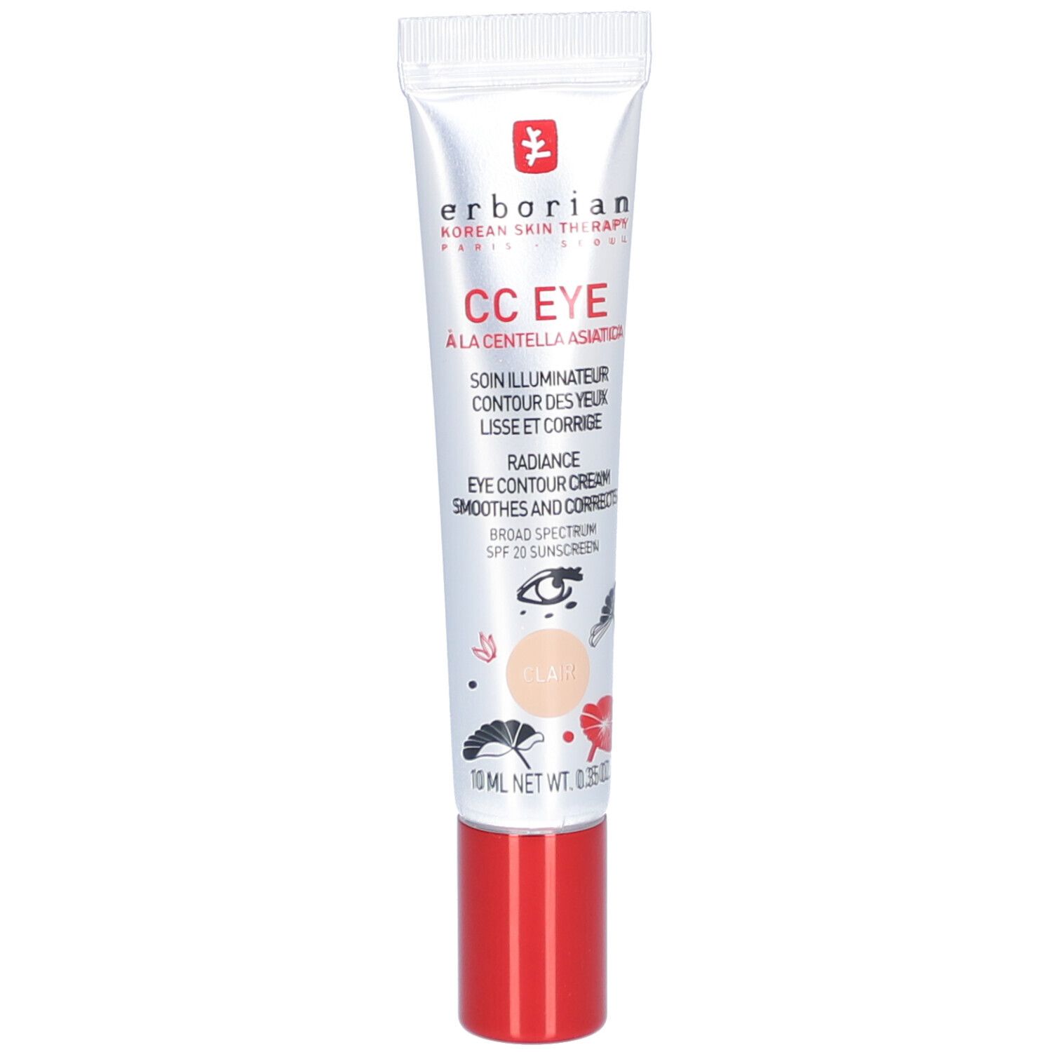 Creme-Tube mit rotem Deckel. Aufschrift: CC EYE, Radiance Eye Contour Cream. Enthält 10 ml.