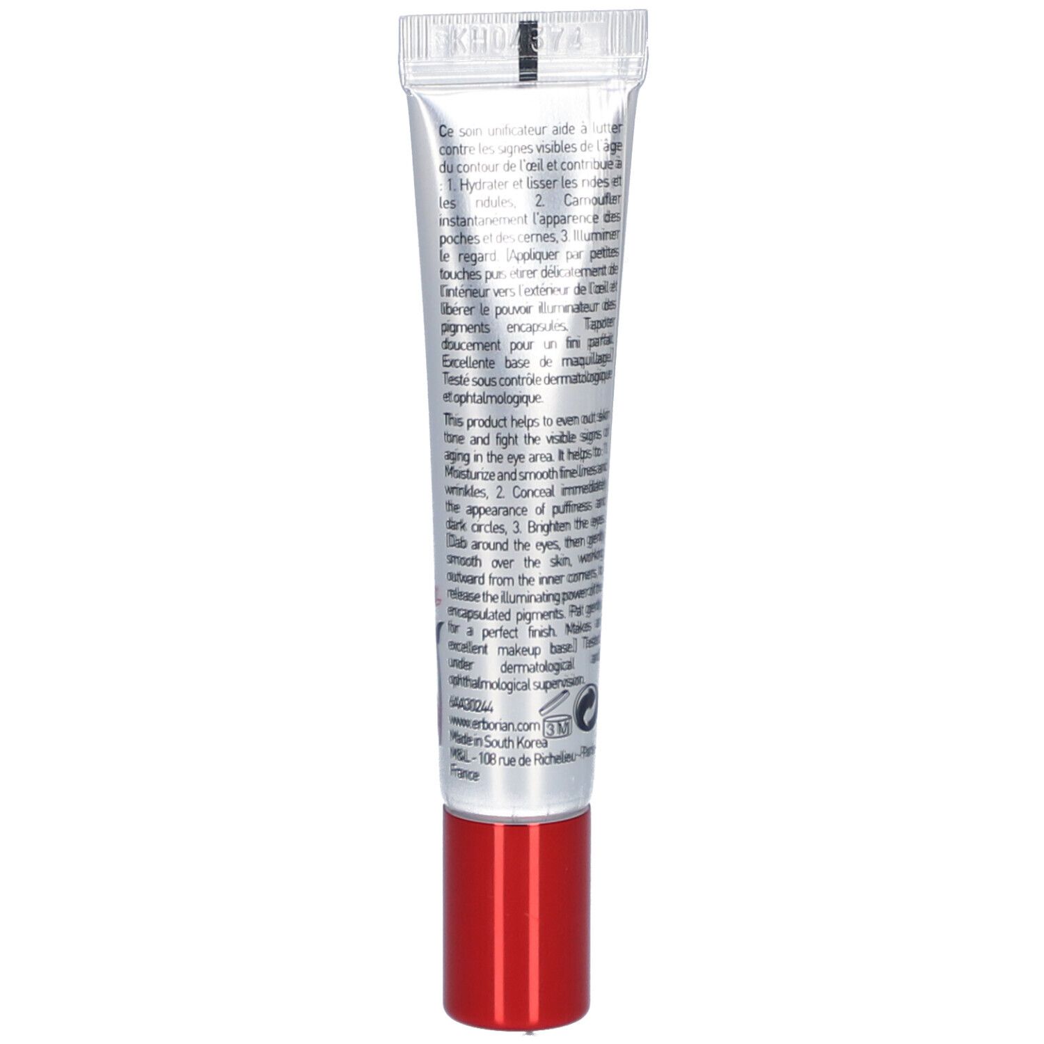 Rückseite der Creme-Tube. Text in mehreren Sprachen. Enthält Informationen zum Produkt.