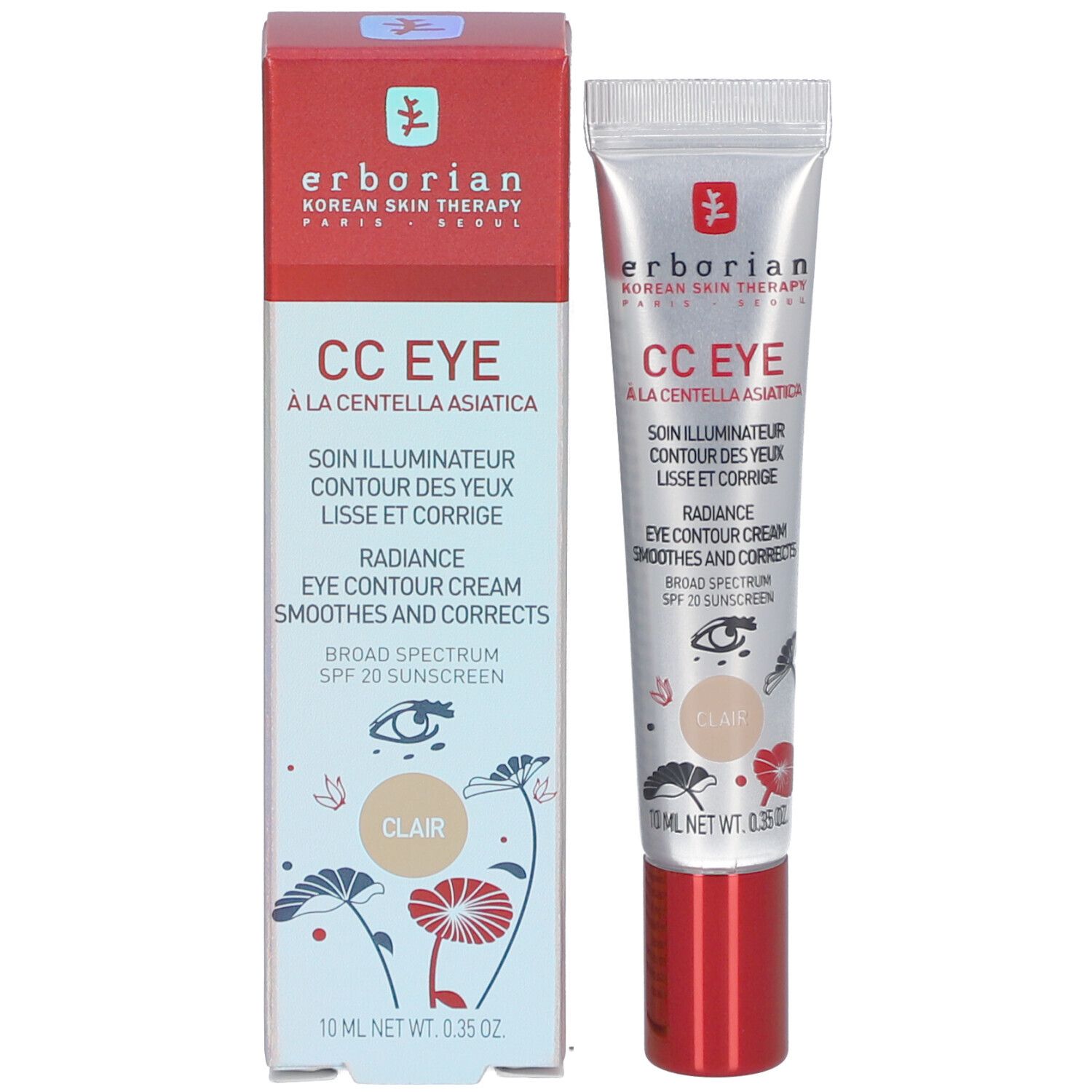 Produktverpackung mit Tube und Schachtel. Aufschrift: CC EYE, Radiance Eye Contour Cream. 10 ml.