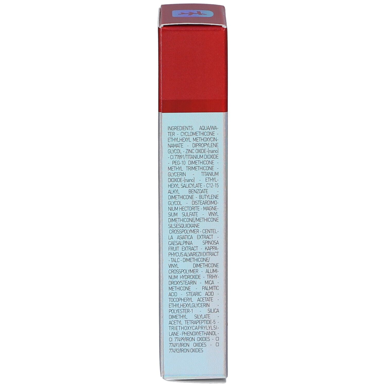 Rückseite der Produktverpackung. Auflistung der Inhaltsstoffe in englischer Sprache.
