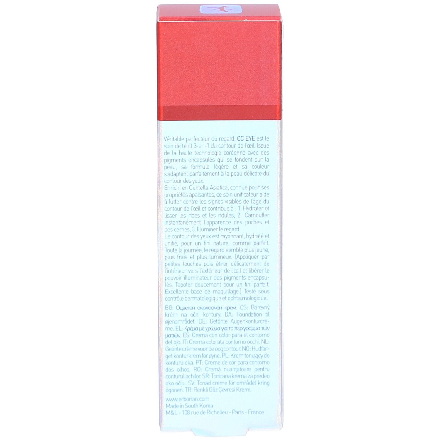 Seite der Produktverpackung. Text in mehreren Sprachen. Informationen zum Produkt.