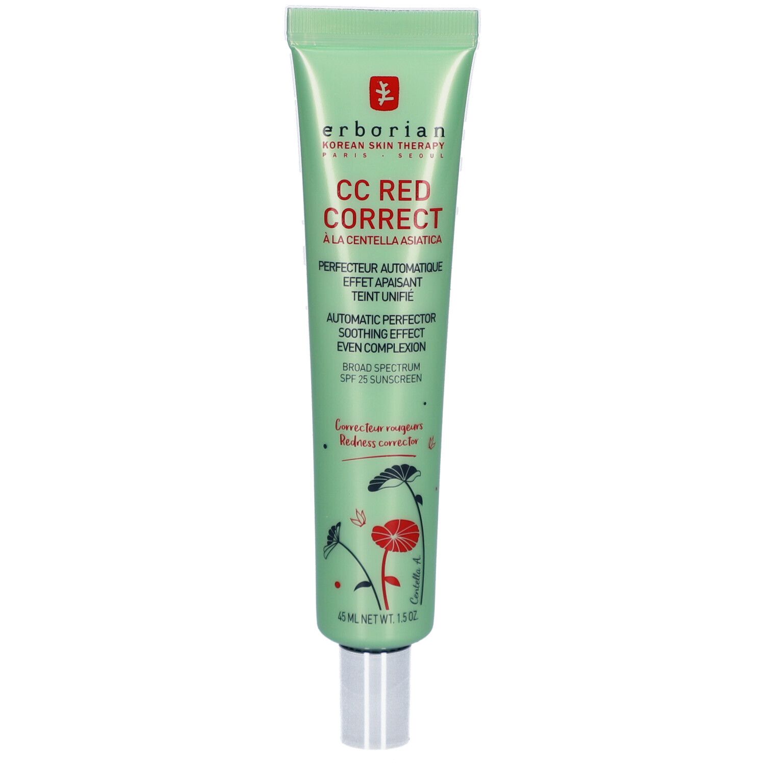Grüne Tube mit CC Red Correct Creme. Text und Logo von Erborian. Enthält 45 ml. Mit Sonnenschutzfaktor 25.