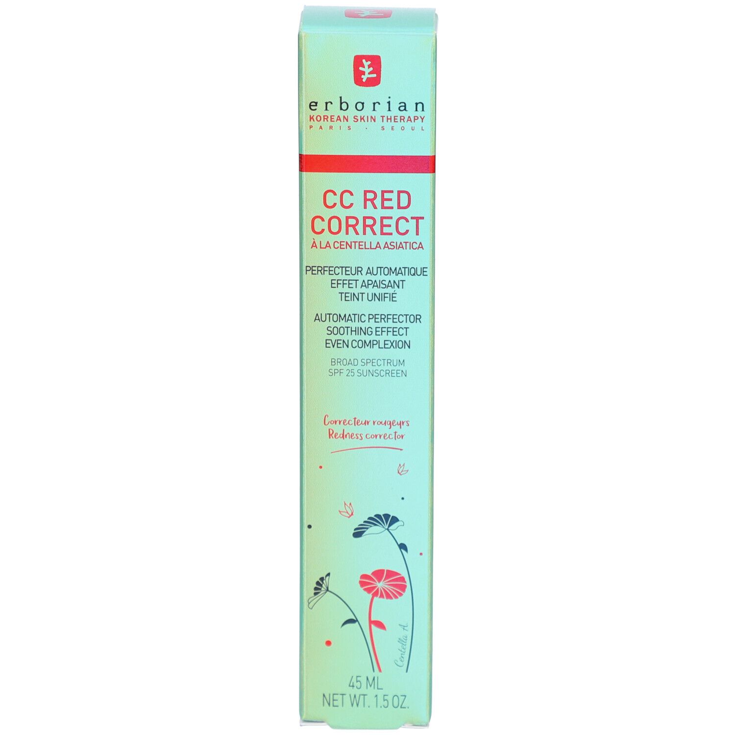 Schachtel mit CC Red Correct Creme. Logo und Text von Erborian. 45 ml. Mit Sonnenschutzfaktor 25.