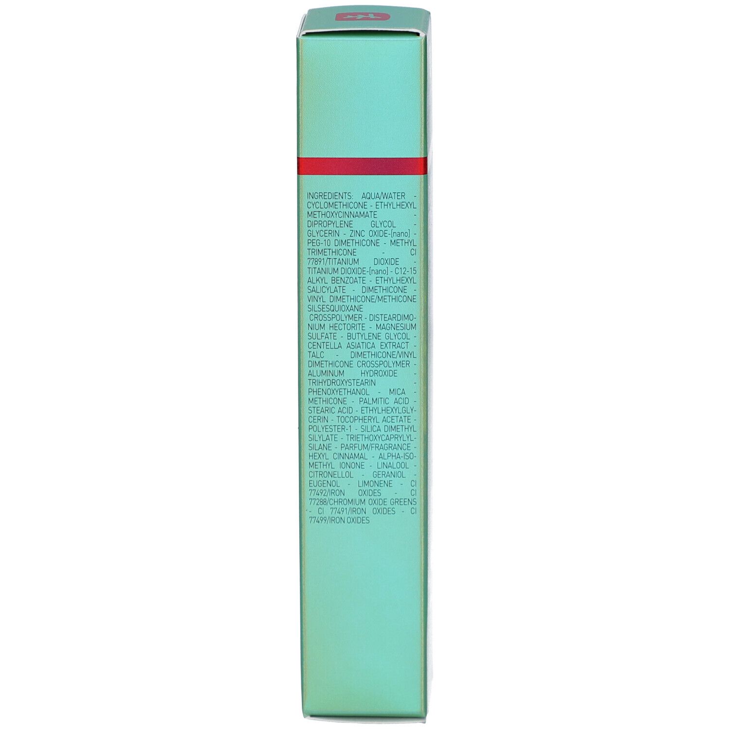 Rückseite der Schachtel mit CC Red Correct Creme. Inhaltsstoffe und Text. Logo von Erborian.