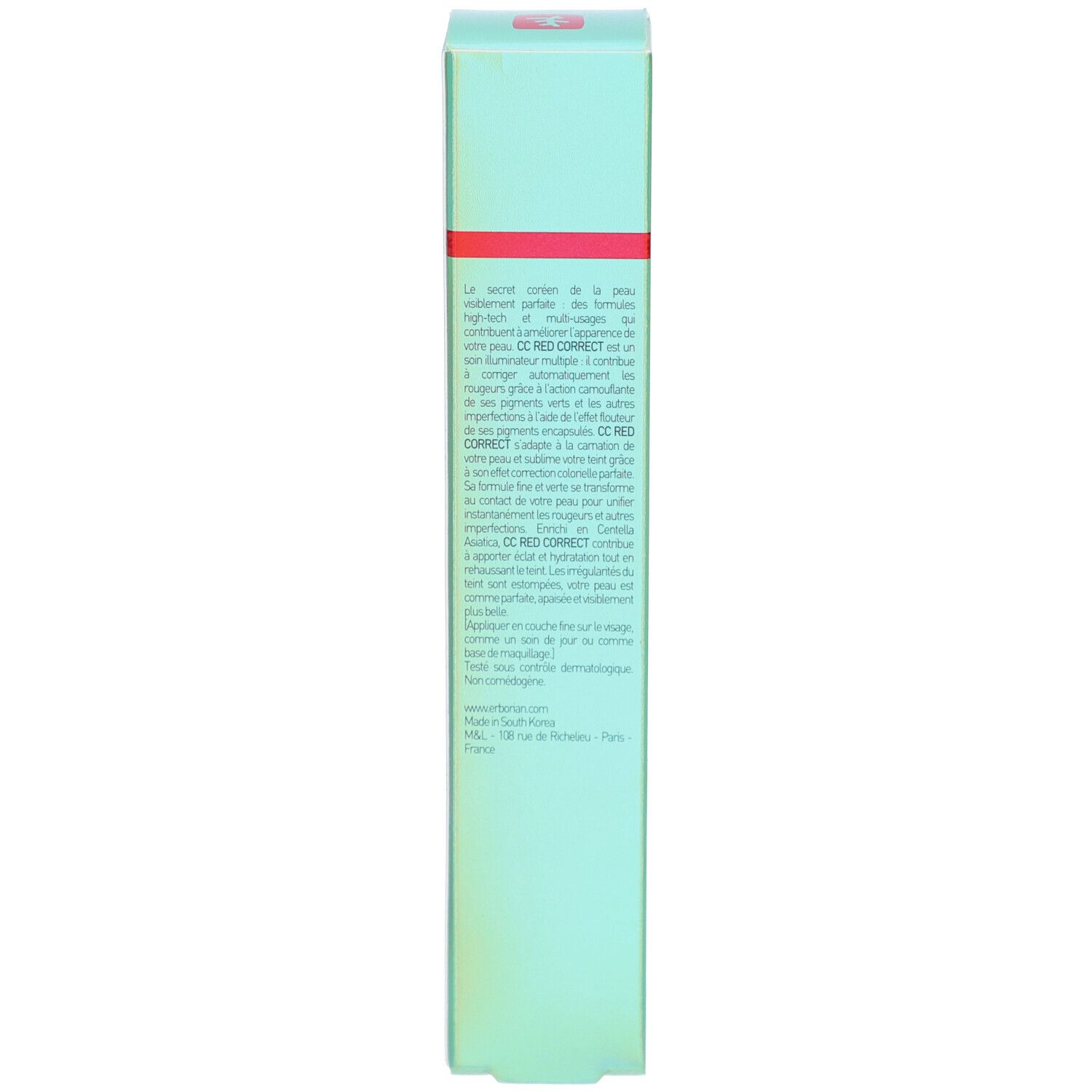 Seite der Schachtel mit CC Red Correct Creme. Text in mehreren Sprachen. Logo von Erborian.