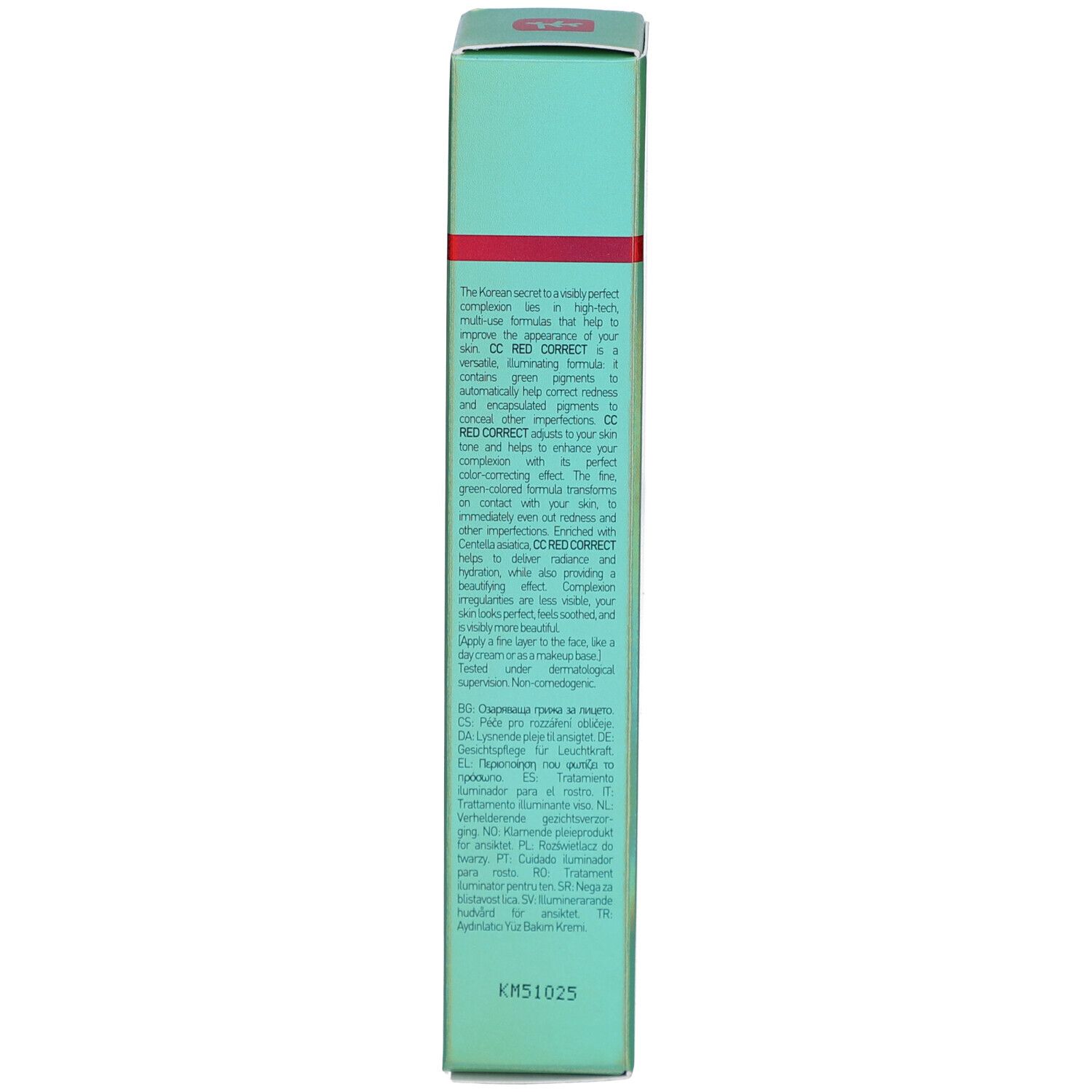 Seite der Schachtel mit CC Red Correct Creme. Text in Englisch. Logo von Erborian.