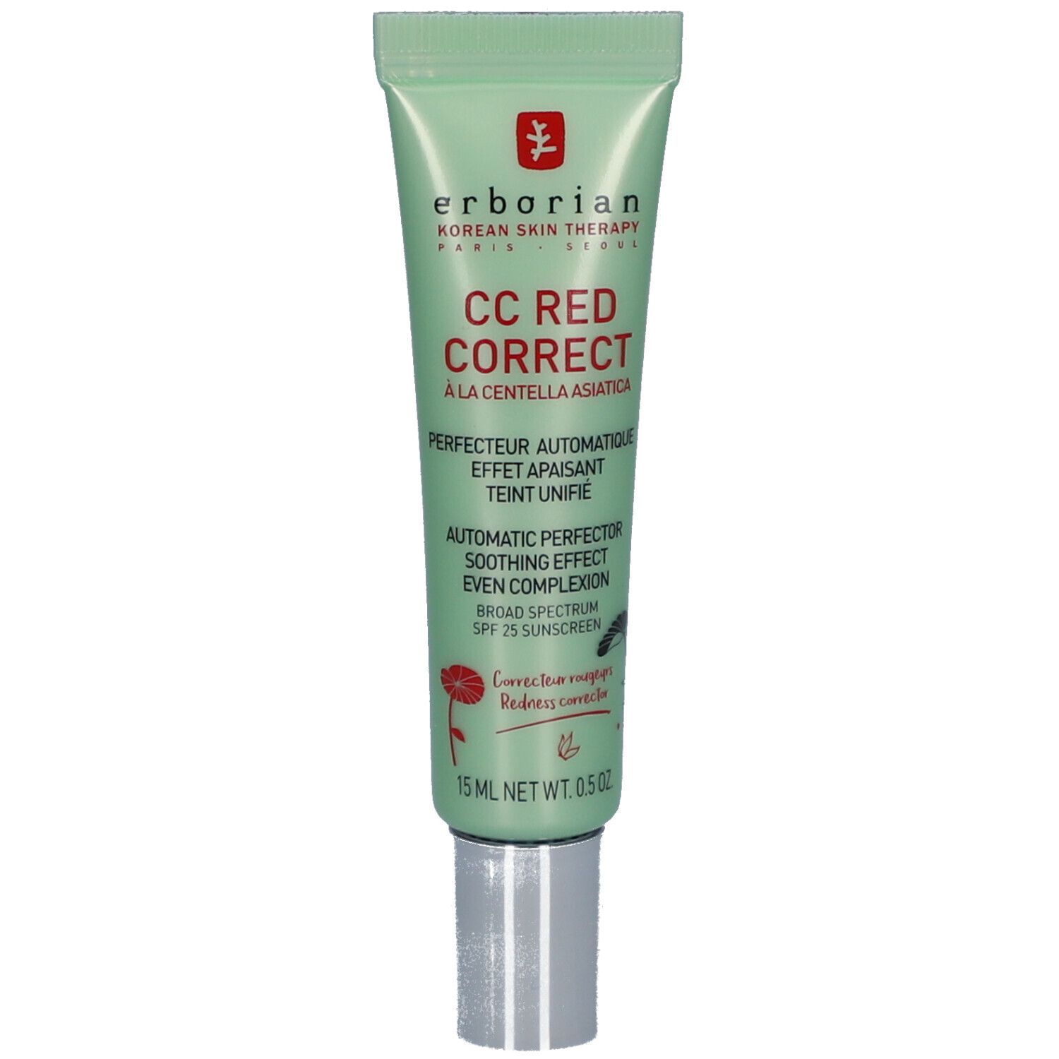 Grüne Tube mit silberner Kappe. Aufschrift: CC Red Correct, à la Centella Asiatica. 15 ml.