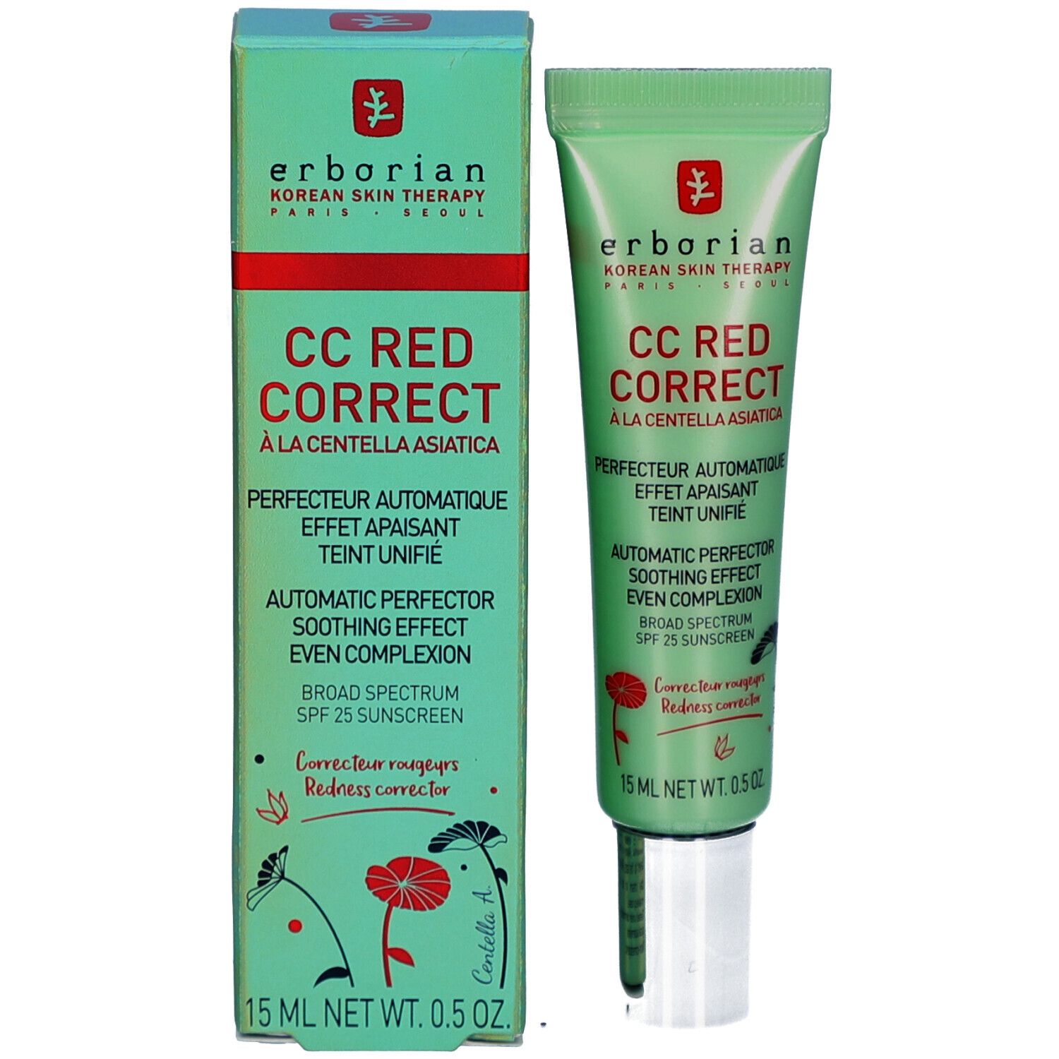 Produktverpackung und Tube. Verpackung: grün mit roter Schrift. Tube: grün mit silberner Kappe.