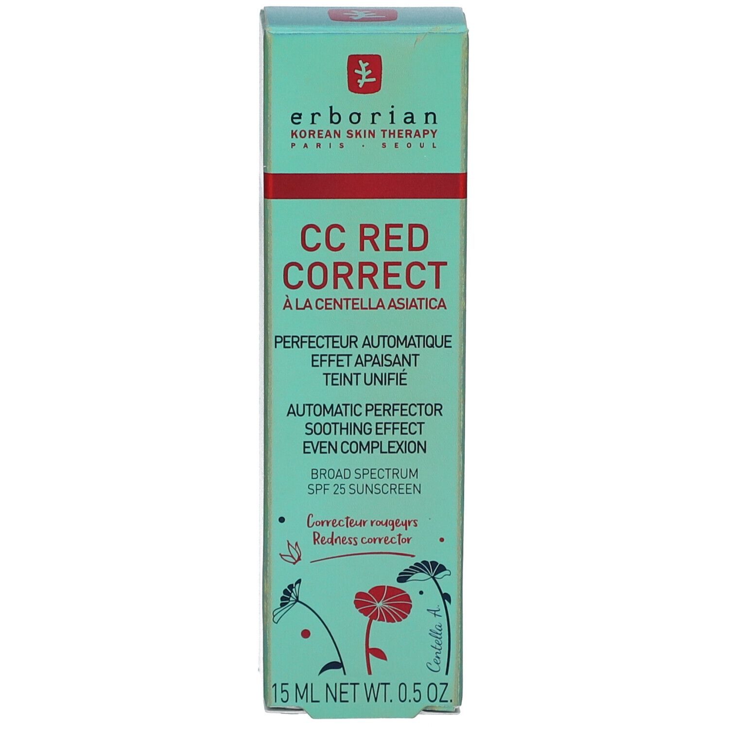 Produktverpackung. Grün mit roter Schrift. Aufschrift: CC Red Correct, à la Centella Asiatica.