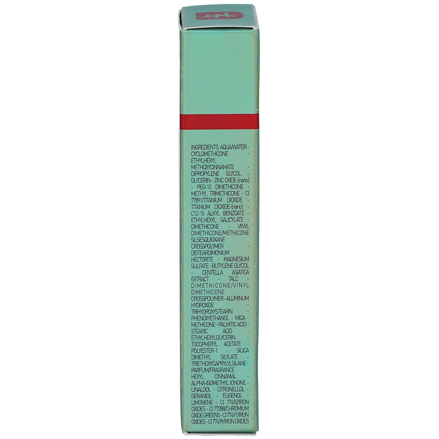 Seitenansicht der Produktverpackung. Text mit Inhaltsstoffen und Informationen in englischer Sprache.