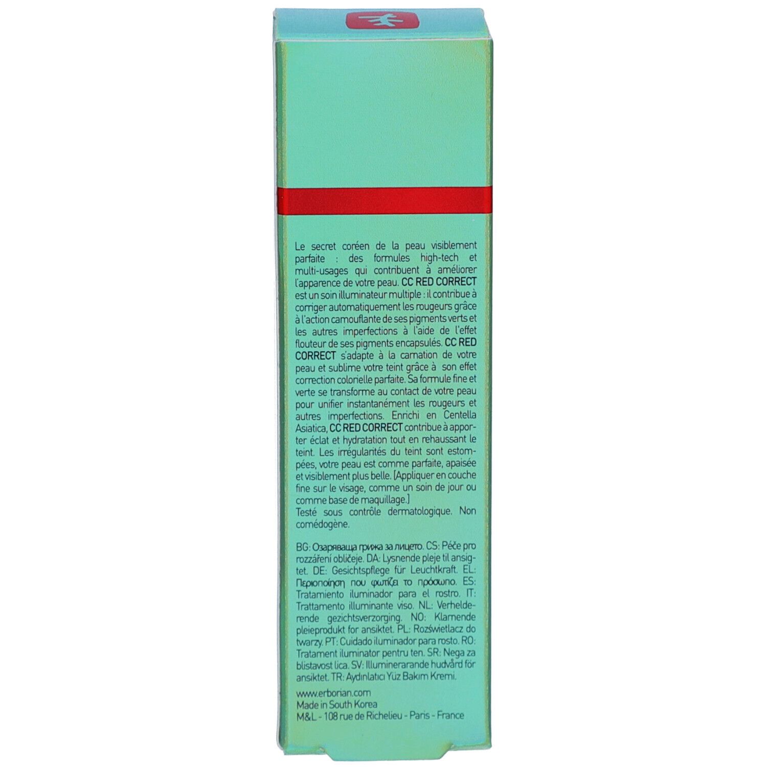 Seitenansicht der Produktverpackung. Text in französischer Sprache. Produktbeschreibung.