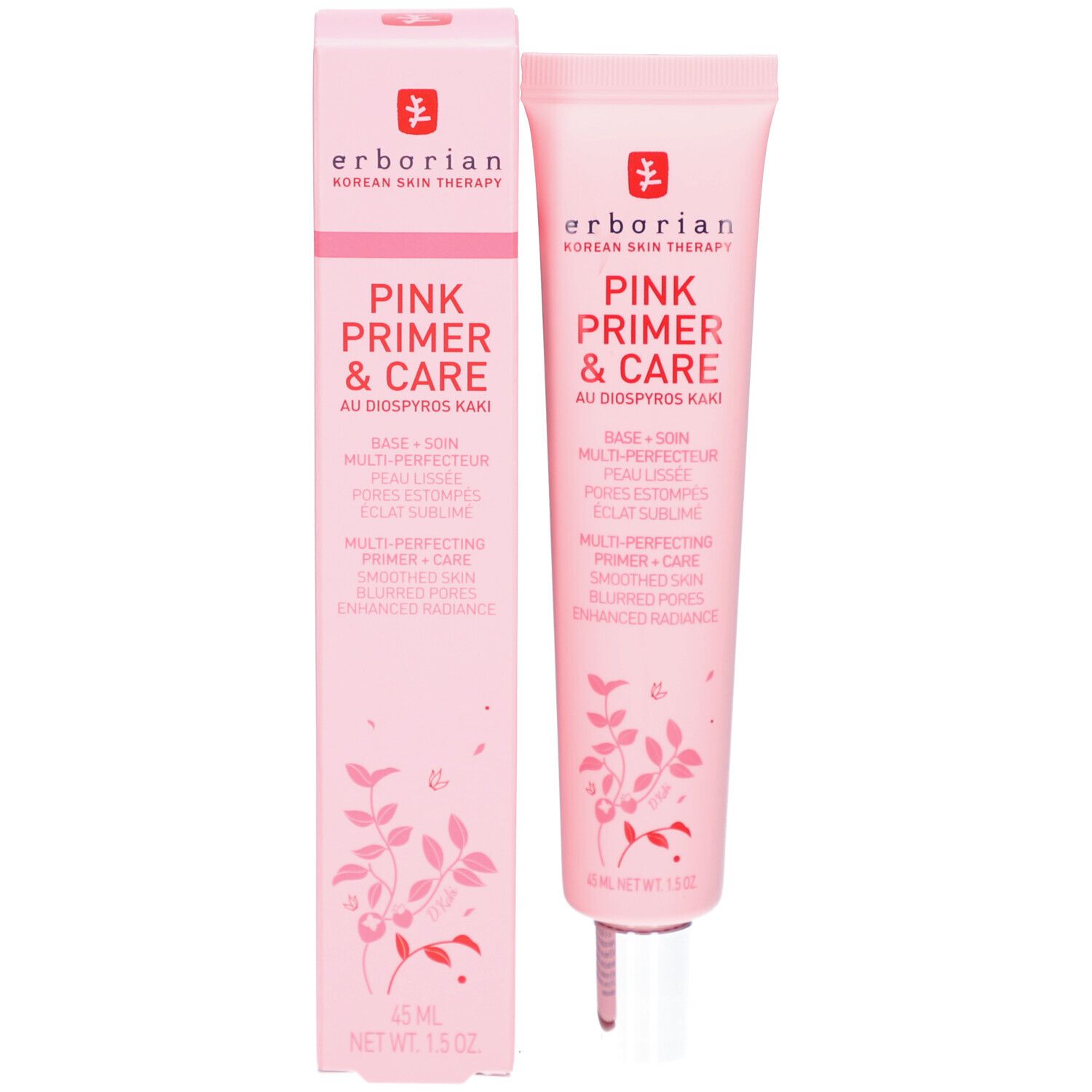 Rosa Tube und Schachtel. Produktname und Marke. Text in Rot und Weiß. Floral-Dekor. Silberfarbener Verschluss.