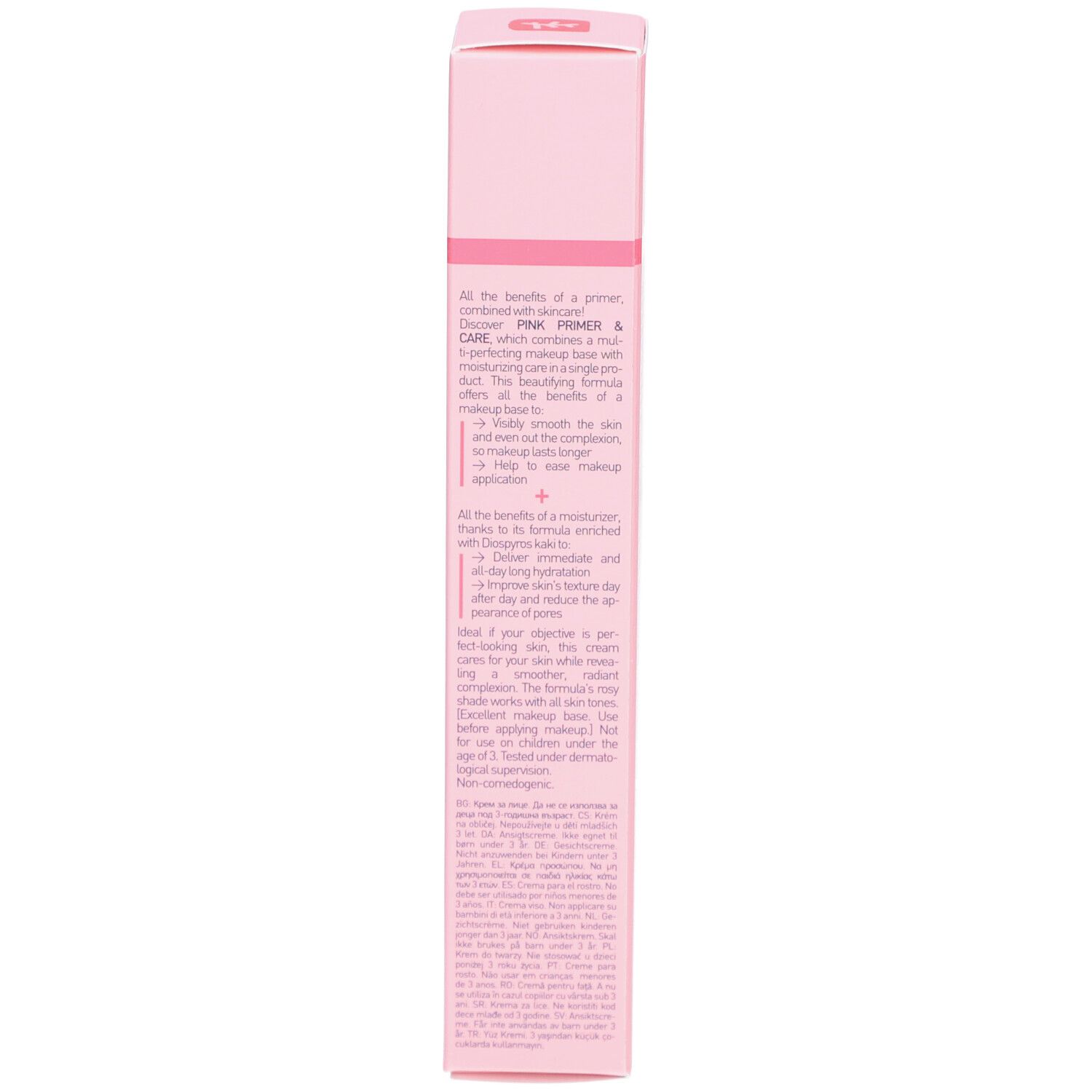 Rückseite der rosa Schachtel. Text in englischer Sprache.