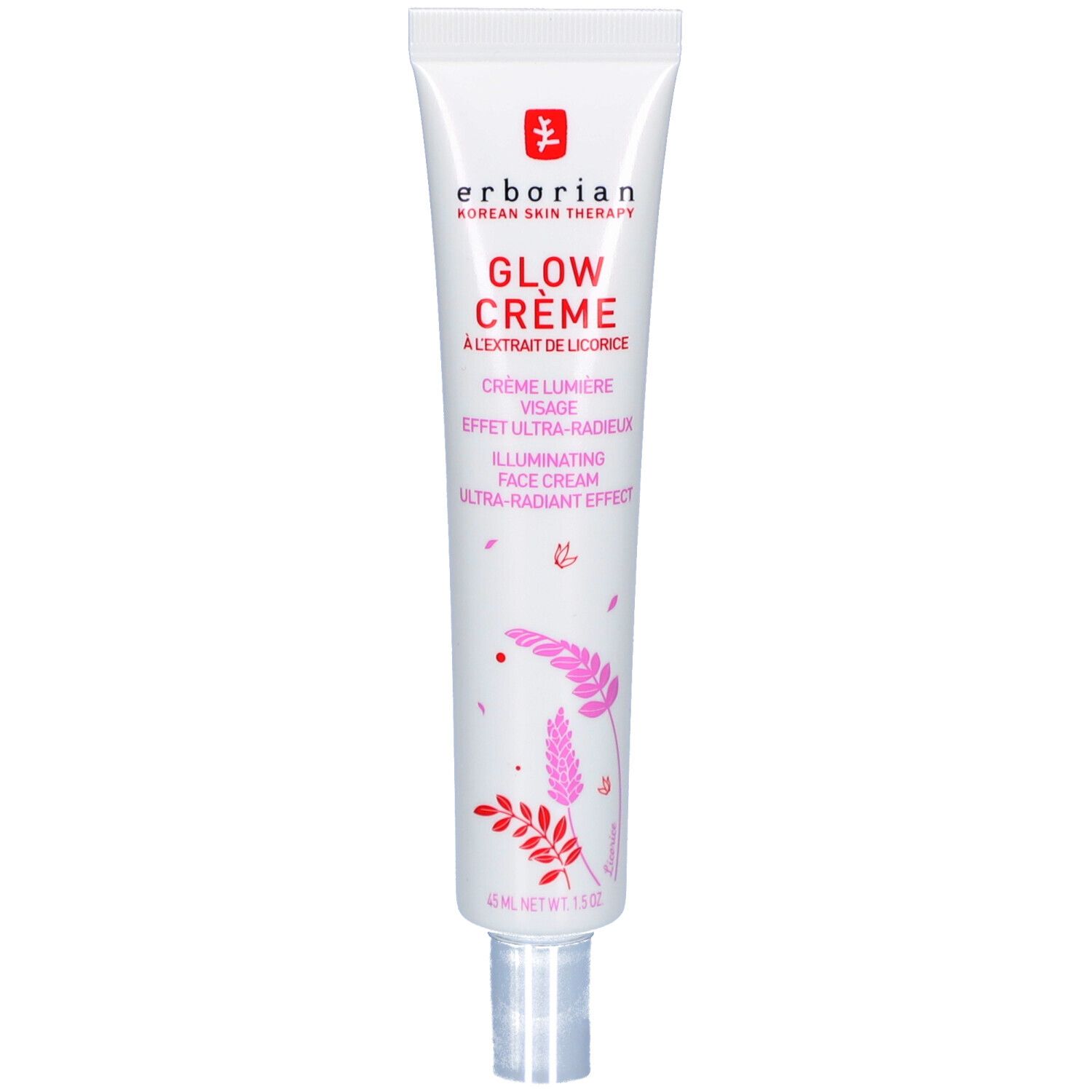 Weiße Tube mit roter und rosa Beschriftung. Enthält Glow Crème. Aufschrift: Crème Lumière Visage, Effet Ultra-Radieux, Illuminating Face Cream.