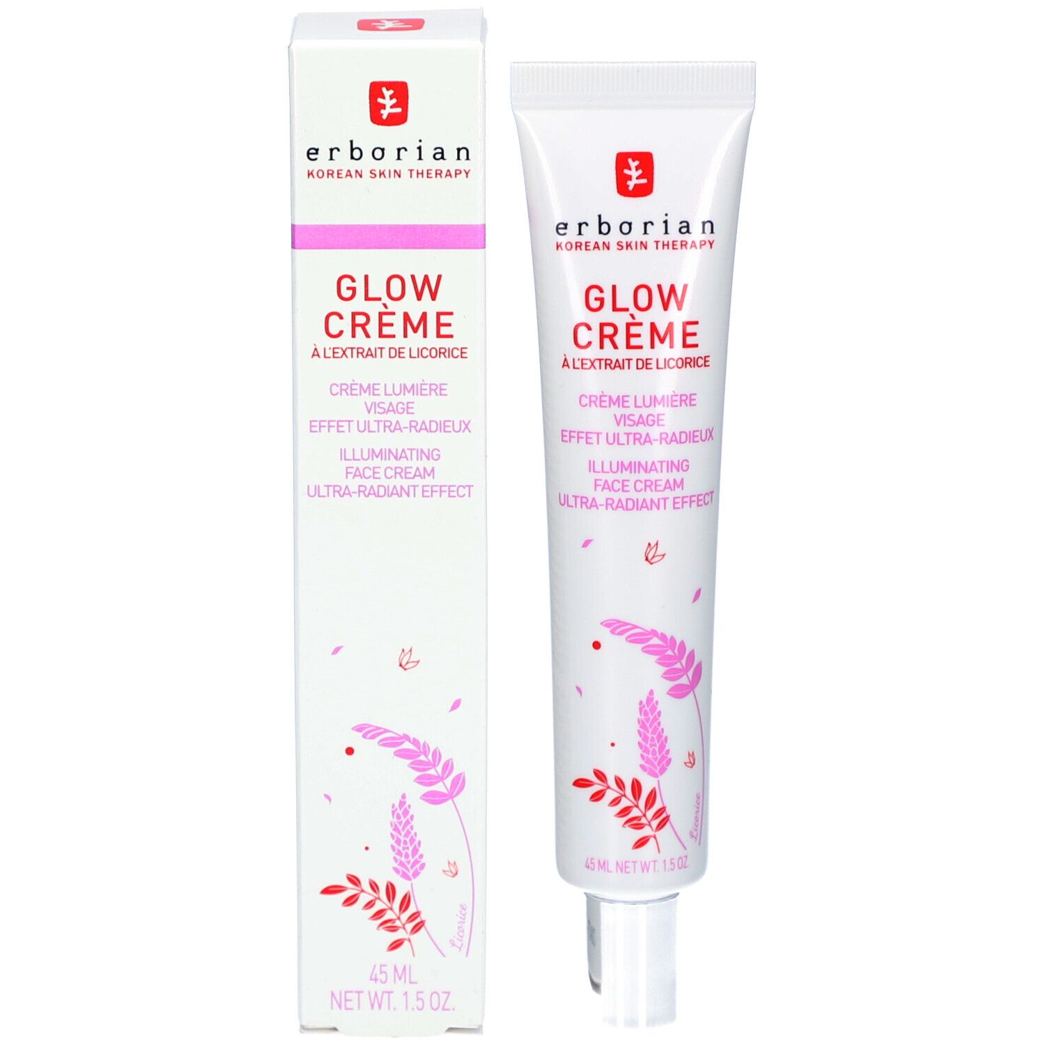 Produktverpackung mit Tube und Schachtel. Auf der Schachtel: Glow Crème, Crème Lumière Visage, Effet Ultra-Radieux, Illuminating Face Cream.