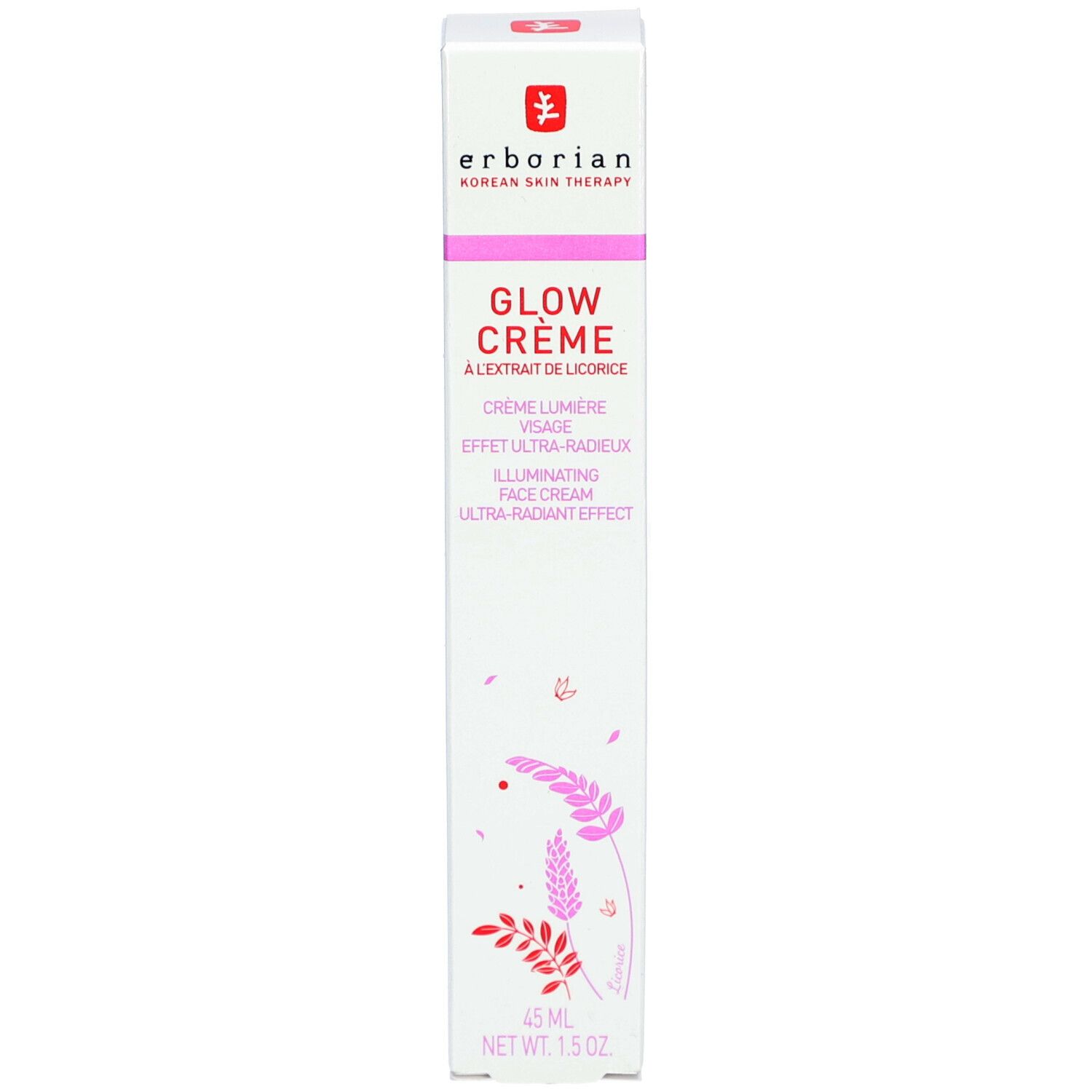 Weiße Produktverpackung mit rosa Akzenten. Enthält Glow Crème. Aufschrift: Crème Lumière Visage, Effet Ultra-Radieux, Illuminating Face Cream.