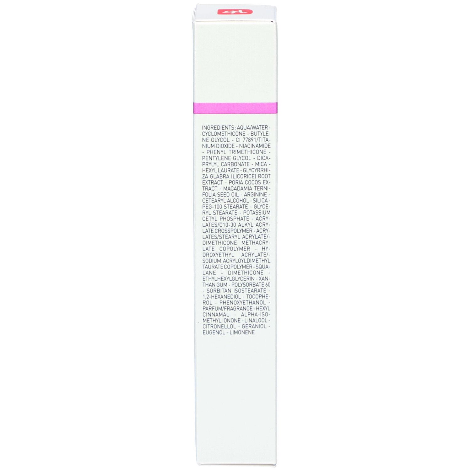 Rückseite der Produktverpackung. Enthält Inhaltsstoffe und Informationen über das Produkt.