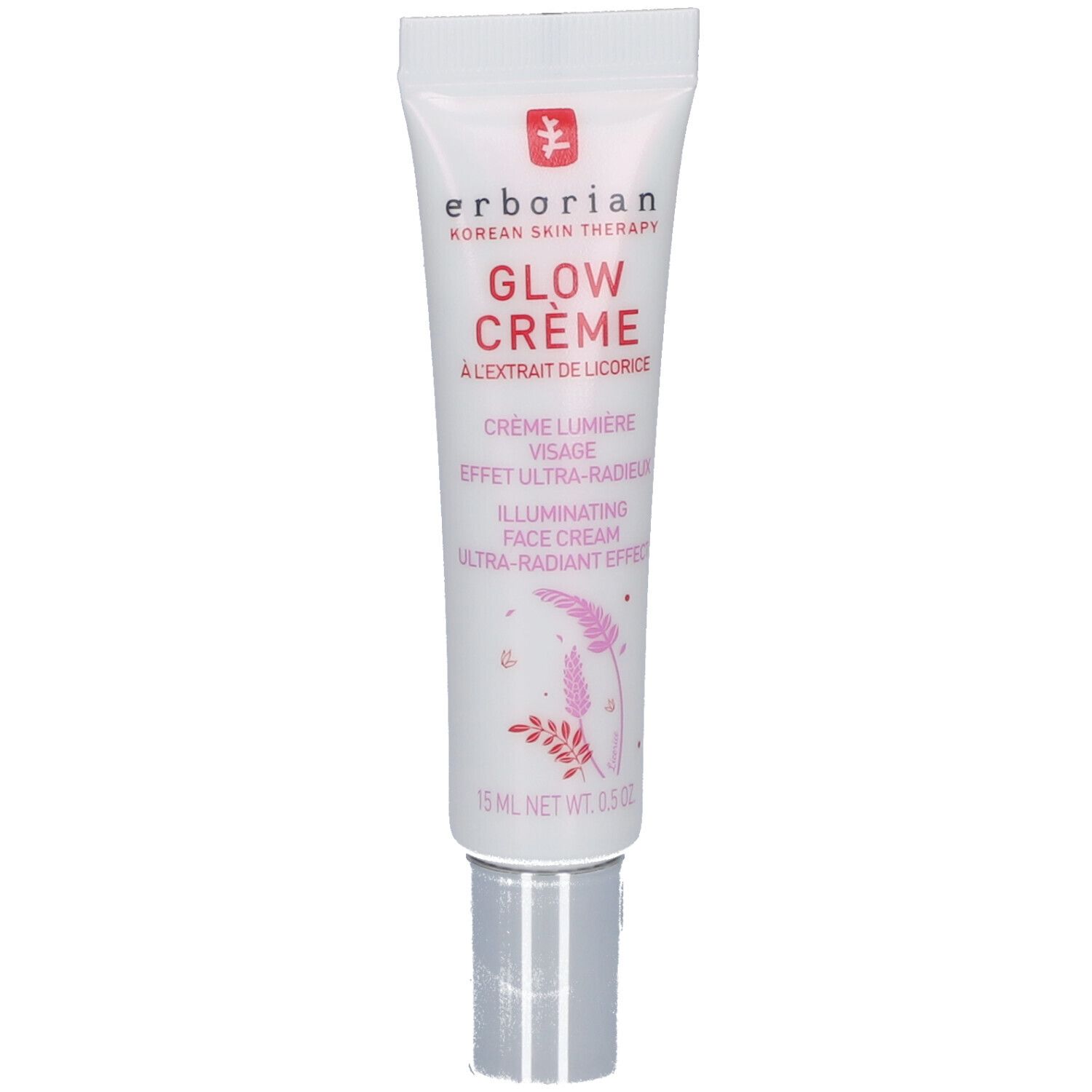 Weiße Tube mit Glow Crème. Aufschrift: Erborian, Glow Crème, Creme Lumière Visage, Ultra-Radieux, 15 ml.