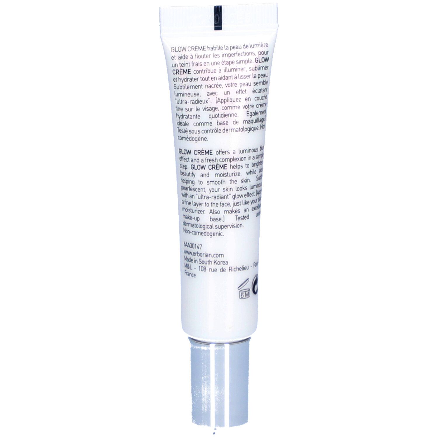 Rückseite der Glow Crème Tube. Text in mehreren Sprachen. Herstellerinformationen: Erborian, Made in South Korea.