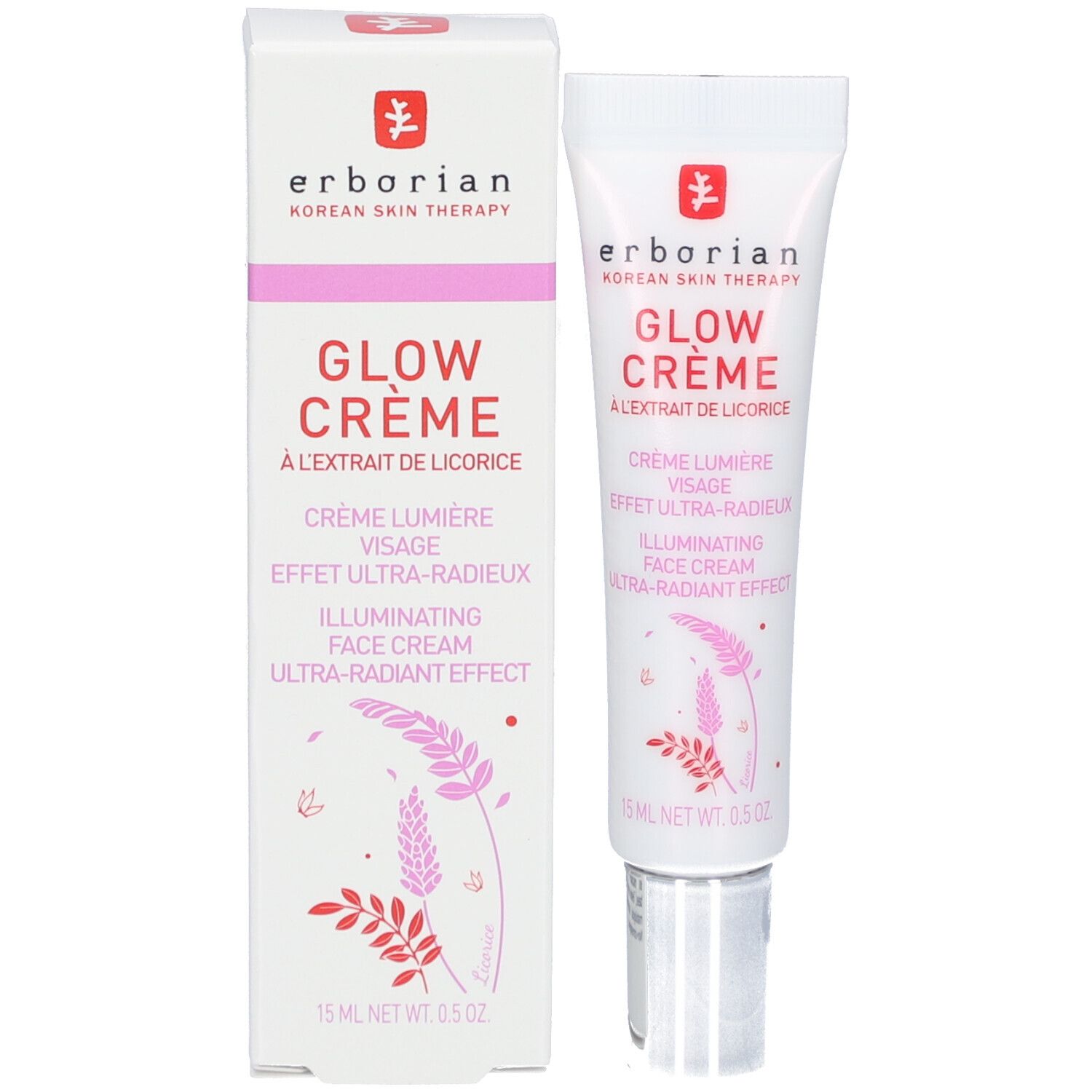 Glow Crème Tube und Verpackung. Aufschrift: Erborian, Glow Crème, Creme Lumière Visage, Ultra-Radieux, 15 ml.