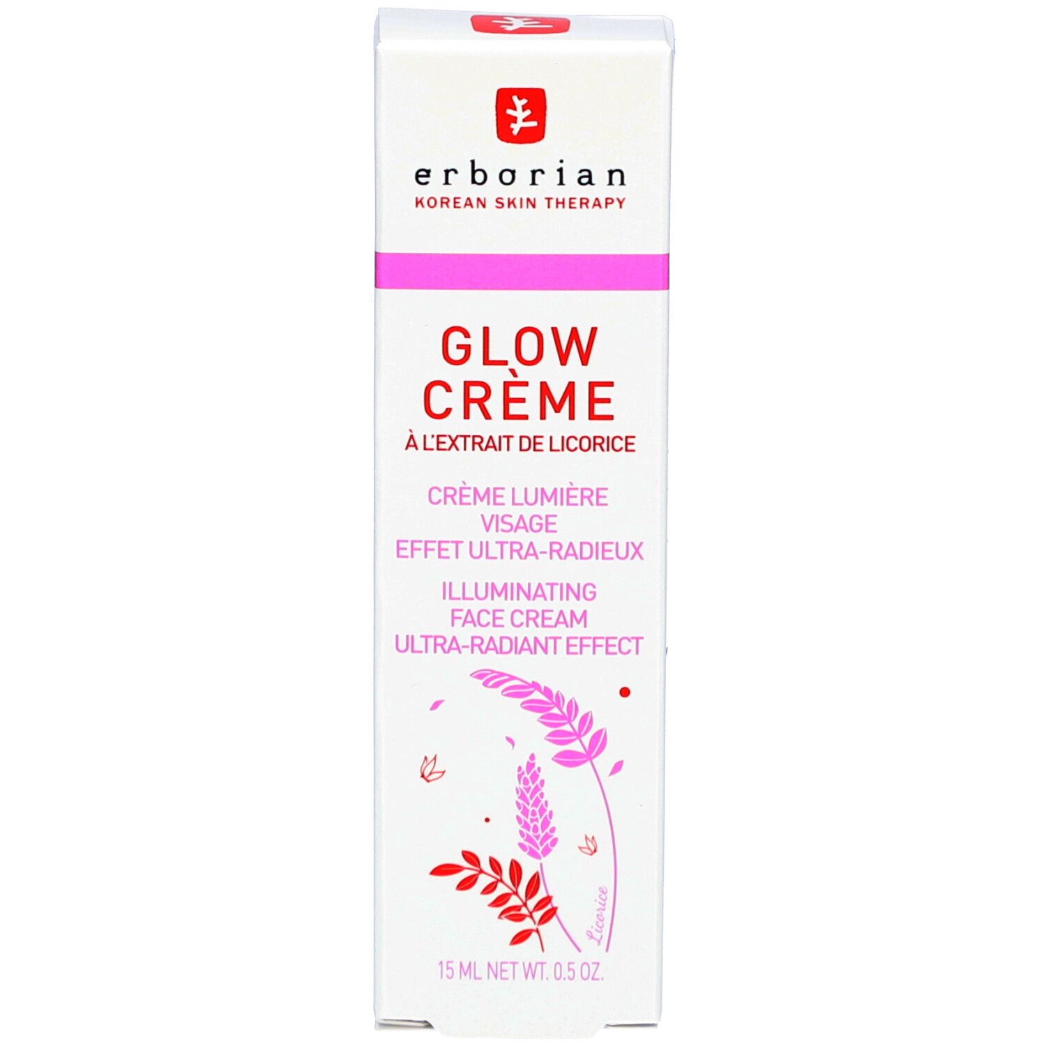 Verpackung von Glow Crème. Aufschrift: Erborian, Glow Crème, Creme Lumière Visage, Ultra-Radieux, 15 ml.