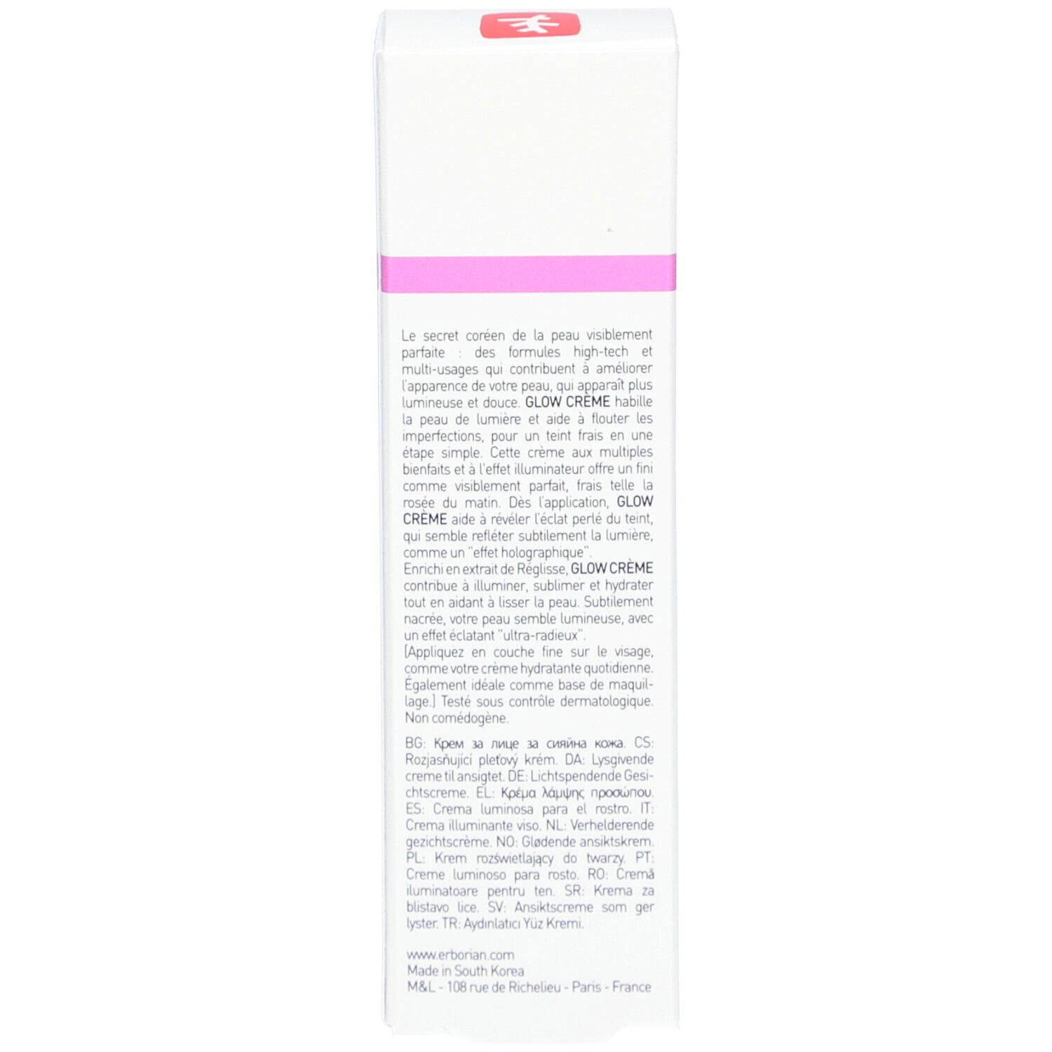 Verpackung von Glow Crème. Text in mehreren Sprachen. Herstellerinformationen.
