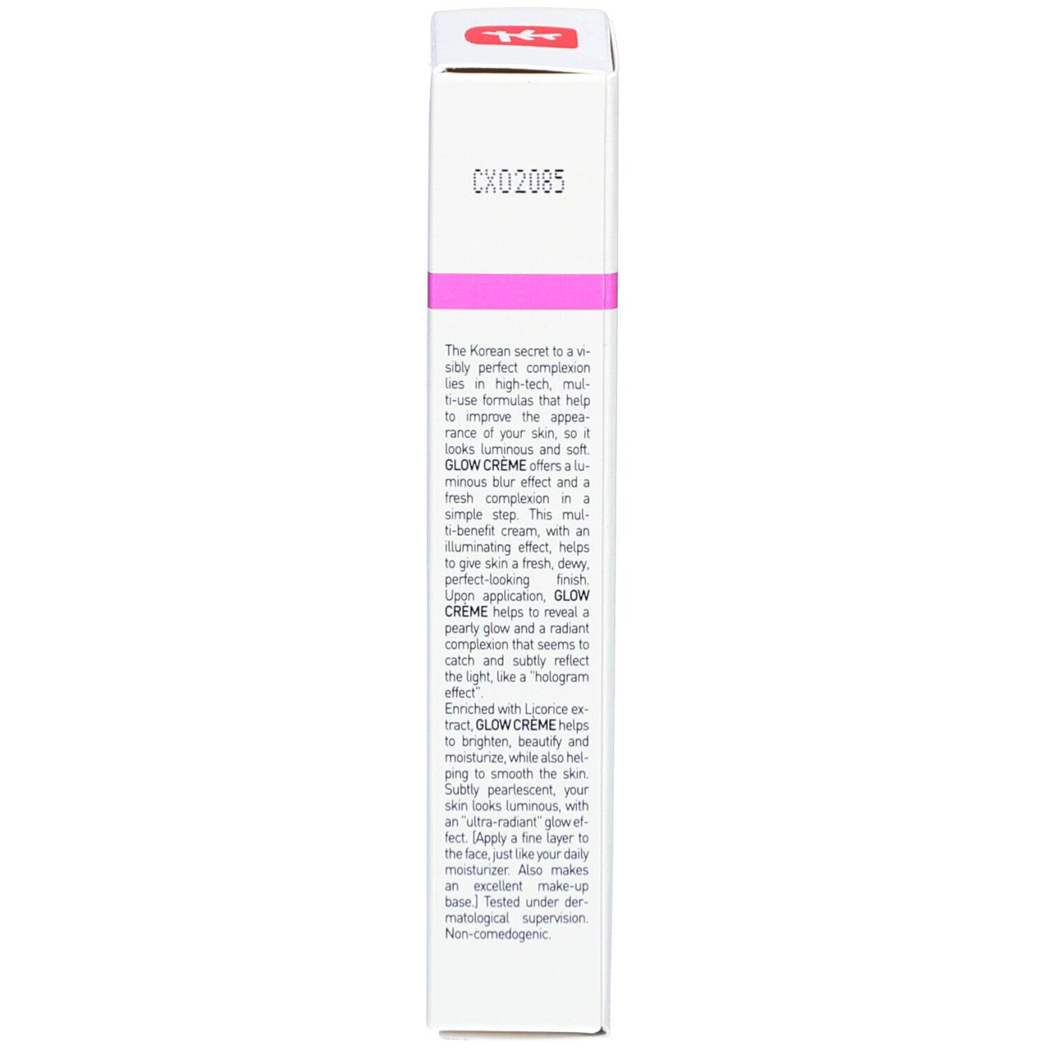 Verpackung von Glow Crème. Text in englischer Sprache. Produktbeschreibung.