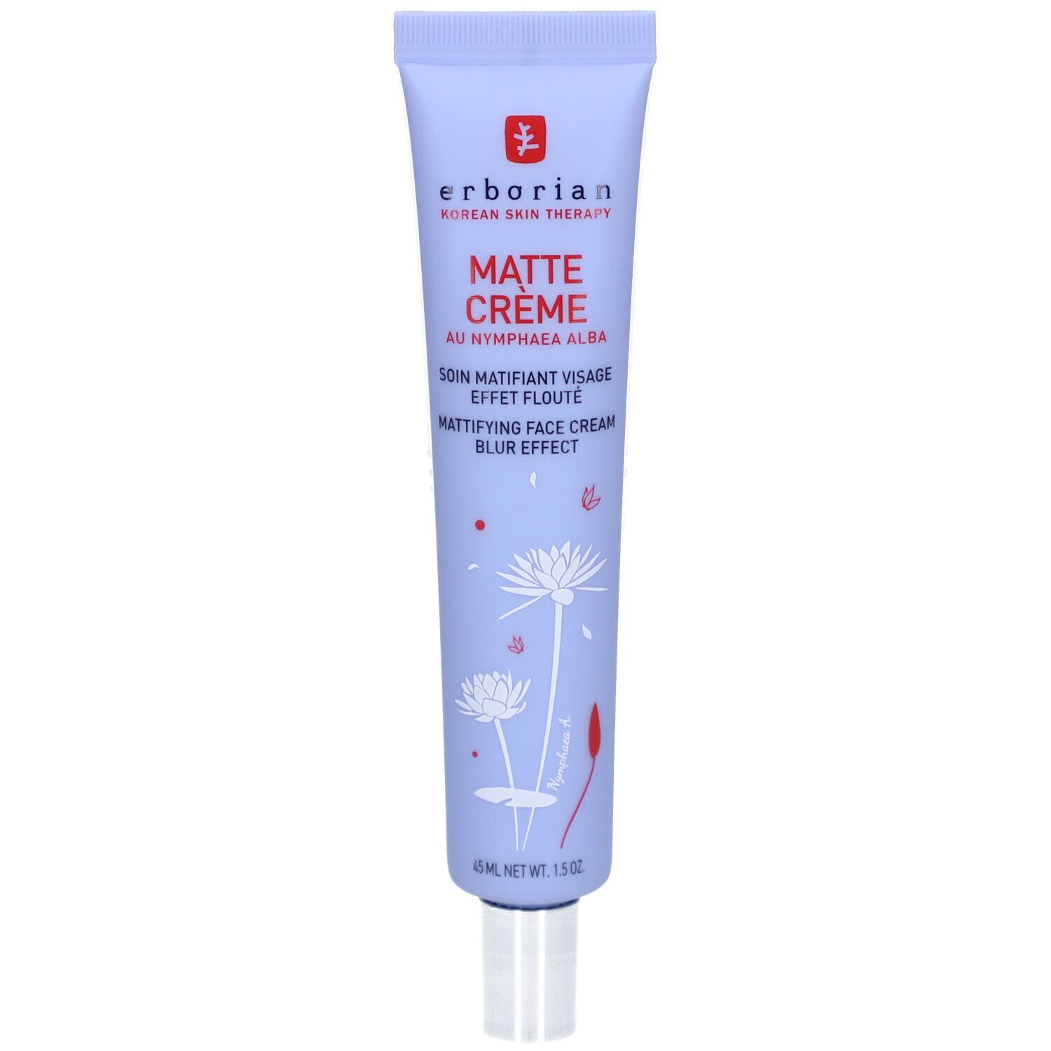 Hellblaue Tube mit Produktnamen und floralem Design. Enthält "MATTE CRÈME" und "Korean Skin Therapy".
