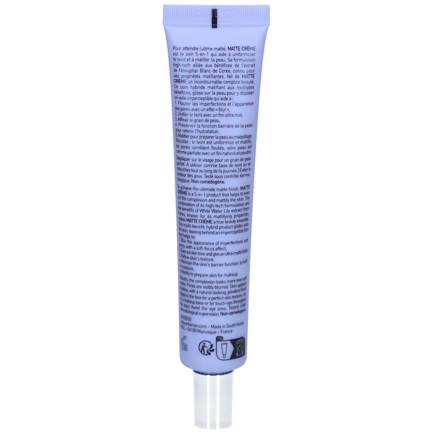 Rückseite der hellblauen Tube mit Text. Enthält Produktinformationen und Inhaltsstoffe in mehreren Sprachen.