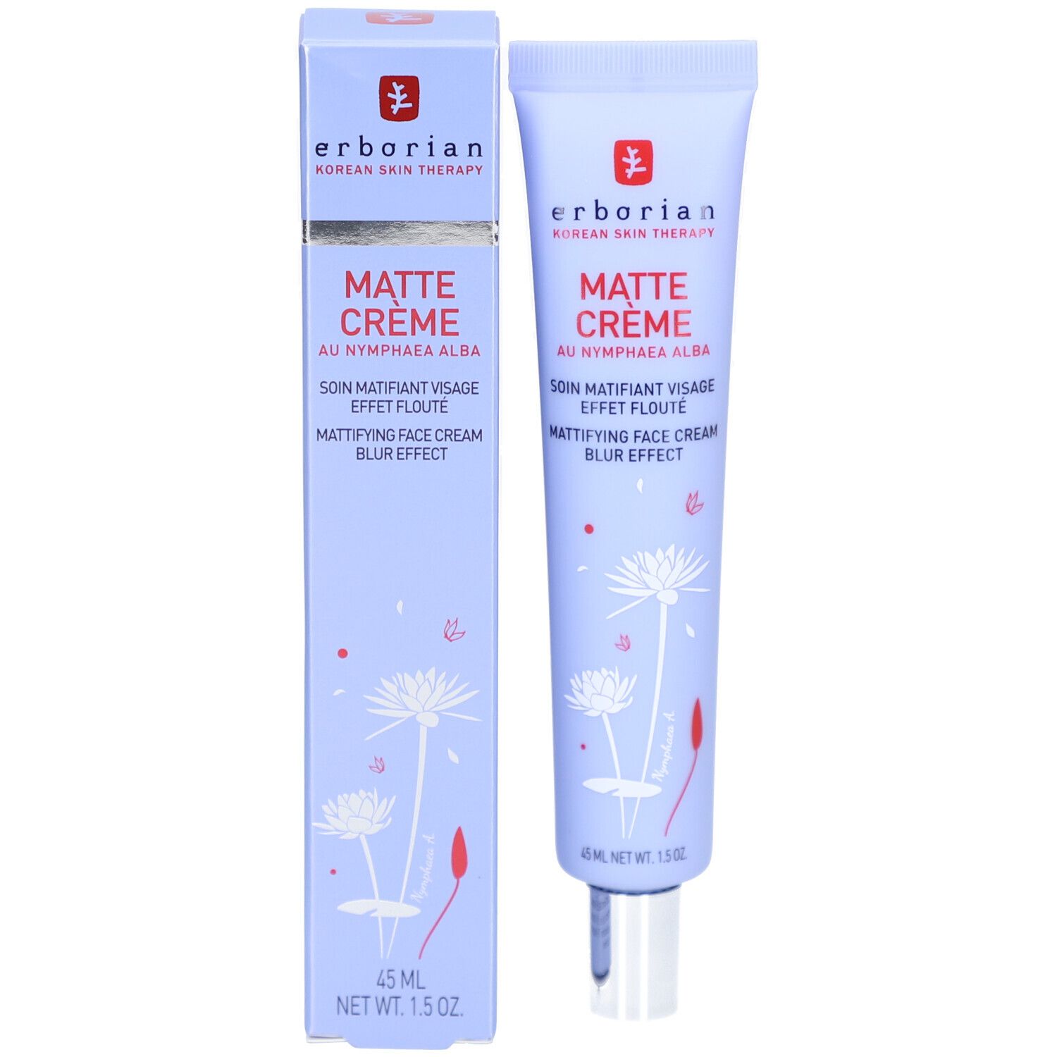 Hellblaue Tube und Schachtel. Beide zeigen Produktnamen, Logo und floralem Design. Enthält "MATTE CRÈME".