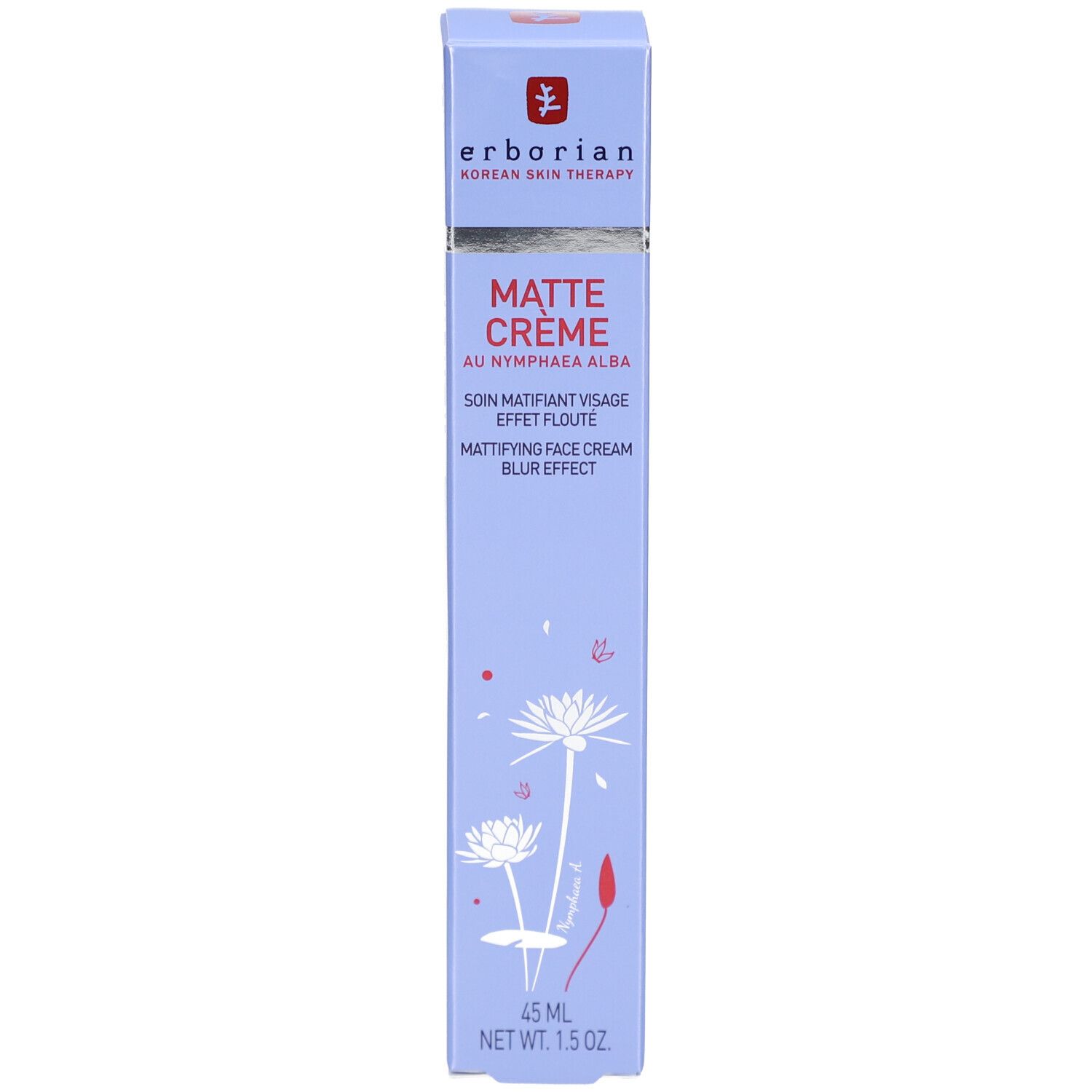 Hellblaue Schachtel mit Produktnamen und floralem Design. Enthält "MATTE CRÈME" und Logo.