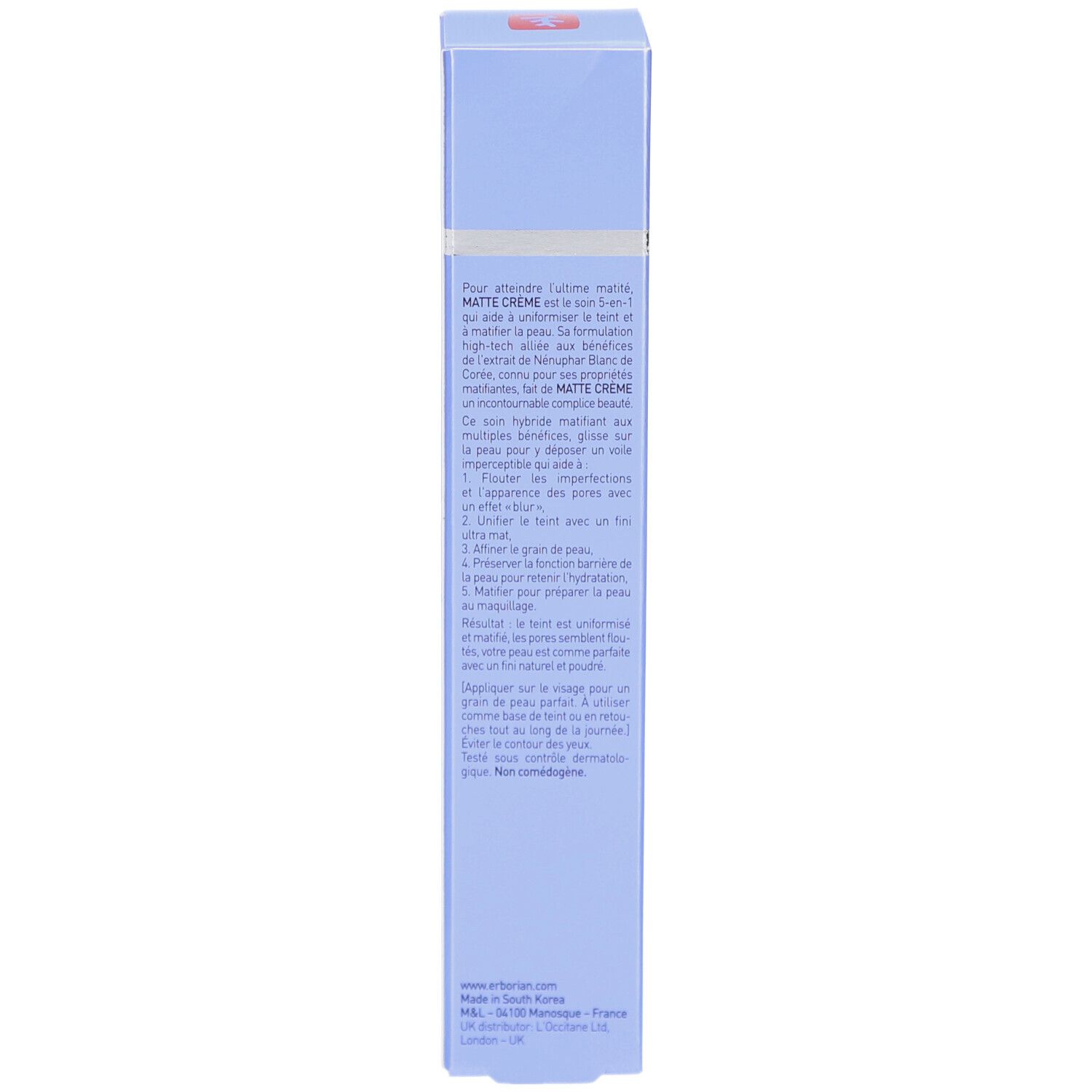 Rückseite der hellblauen Schachtel mit Produktinformationen. Text in mehreren Sprachen.