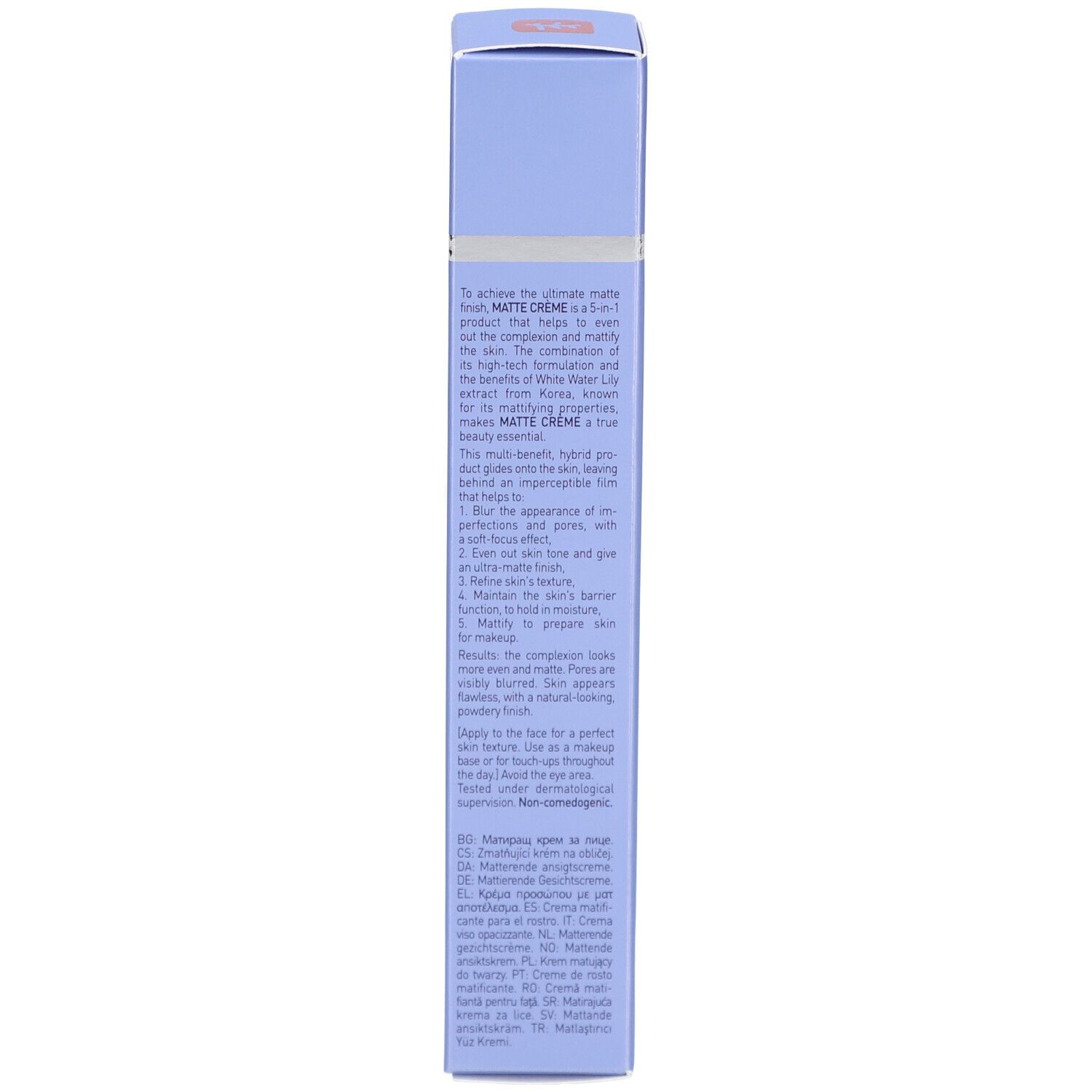 Rückseite der hellblauen Schachtel mit Produktbeschreibung. Text in mehreren Sprachen.