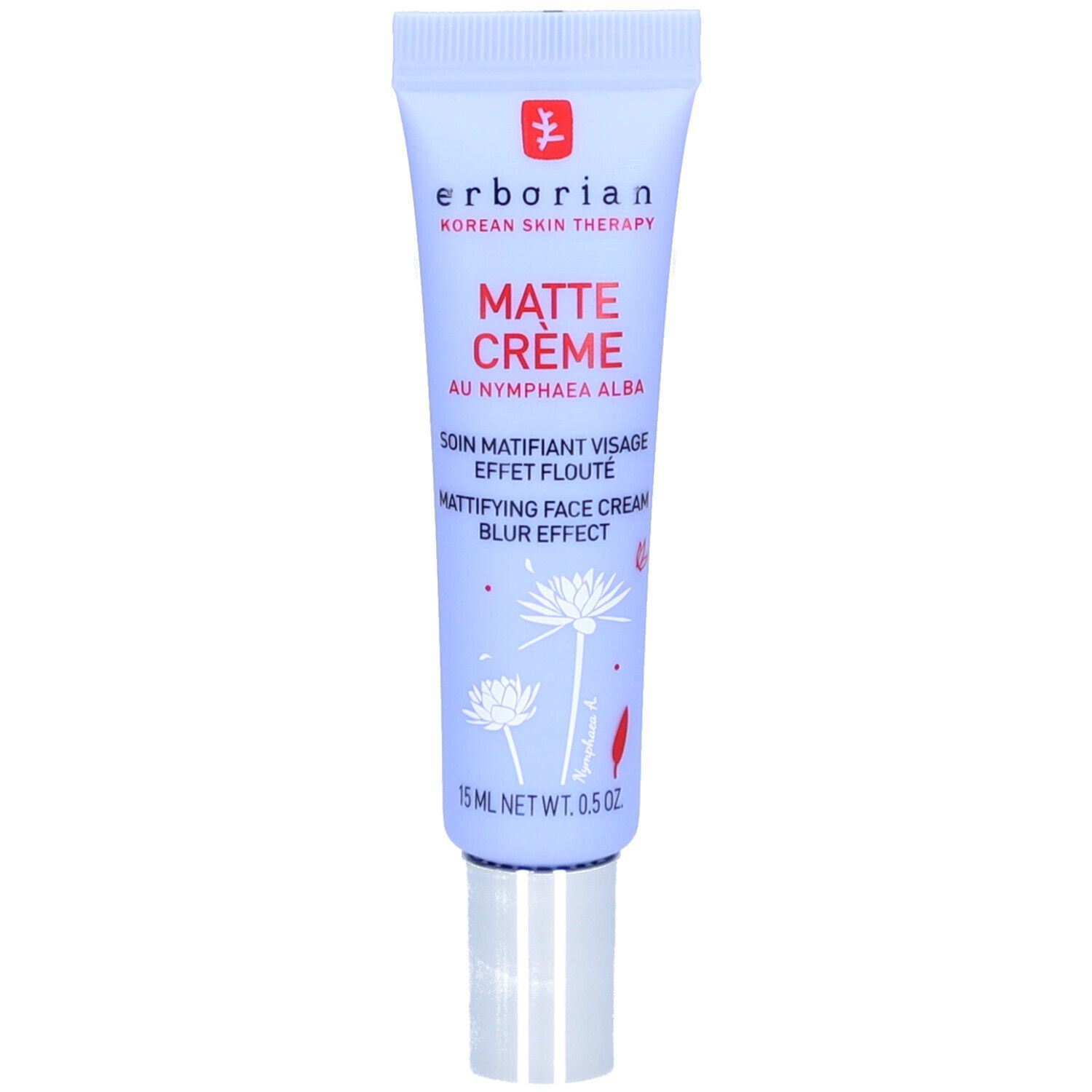 Hellblaue Tube mit weißem Deckel. Aufschrift: Matte Crème, Mattifying Face Cream Blur Effect. Marke: Erborian.