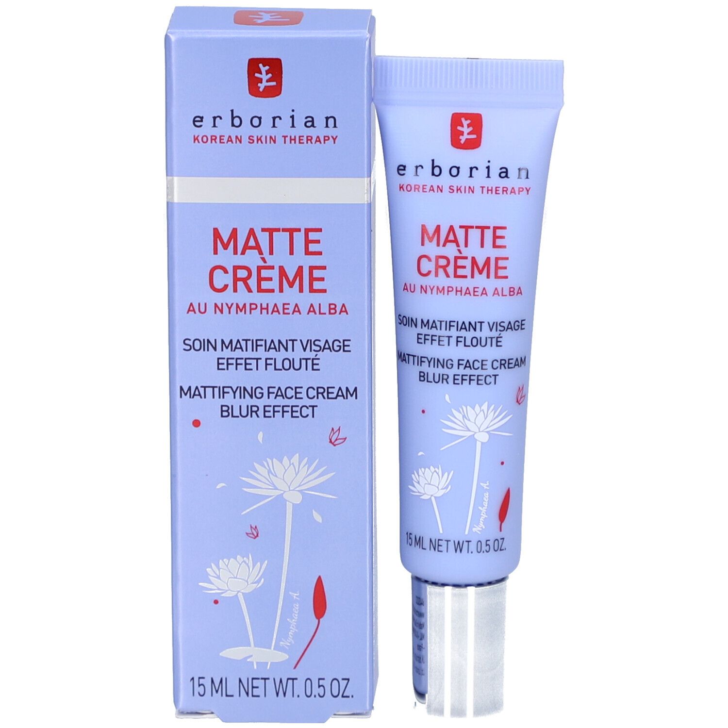 Hellblaue Schachtel und Tube. Aufschrift: Matte Crème, Mattifying Face Cream Blur Effect. Marke: Erborian. Mit floralem Muster.