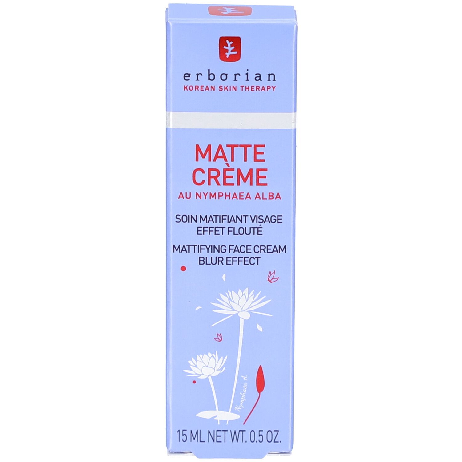 Hellblaue Schachtel. Aufschrift: Matte Crème, Mattifying Face Cream Blur Effect. Marke: Erborian. Mit floralem Muster.