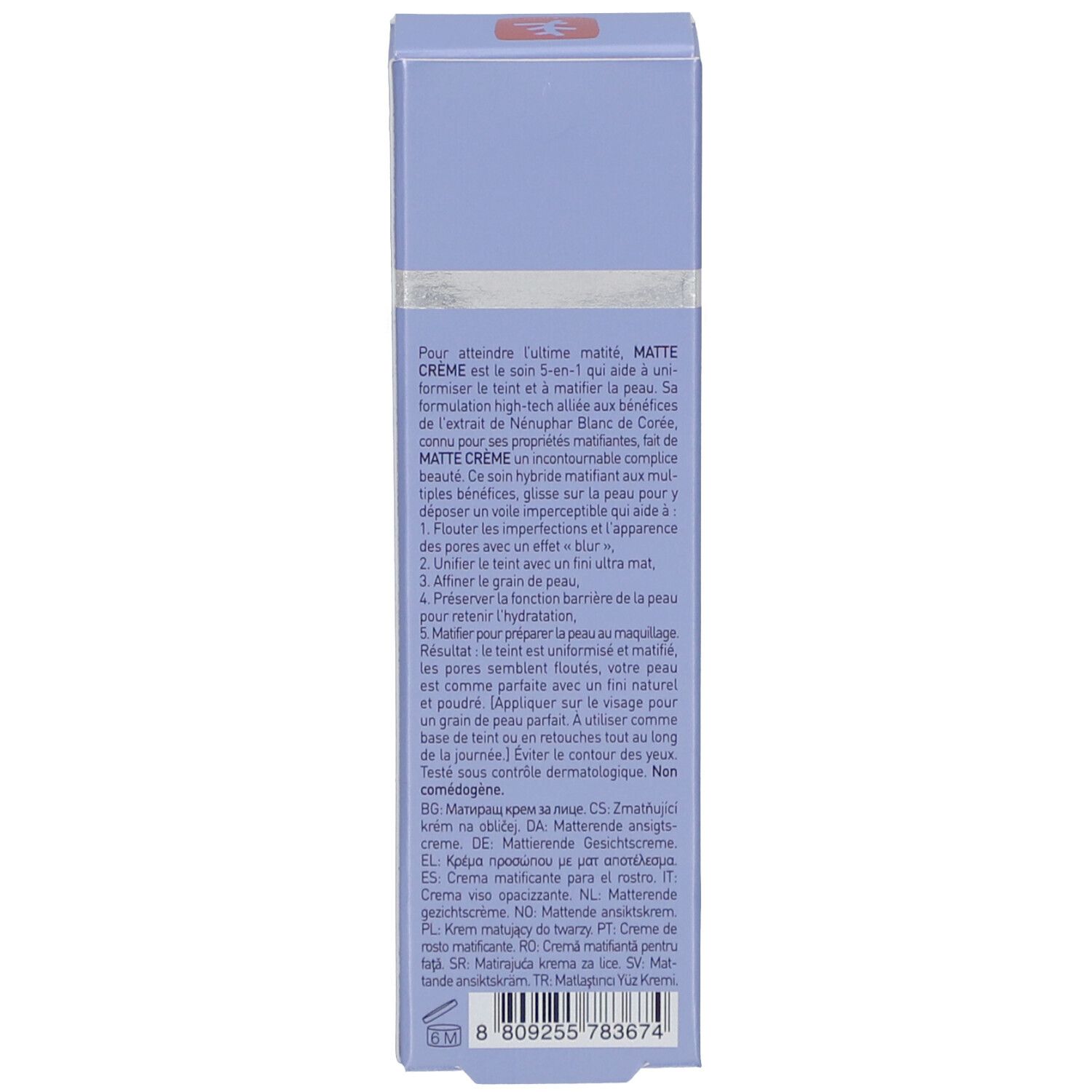 Rückseite der hellblauen Schachtel. Text in mehreren Sprachen. Marke: Erborian. Produktbeschreibung.