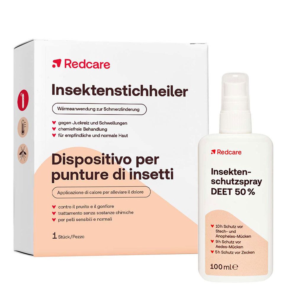 Verpackung mit Redcare Insektenstichheiler und Insektenschutzspray DEET 50%. Aufschrift: Insektenstichheiler, Dispositivo per punture di insetti, 1 Stück.
