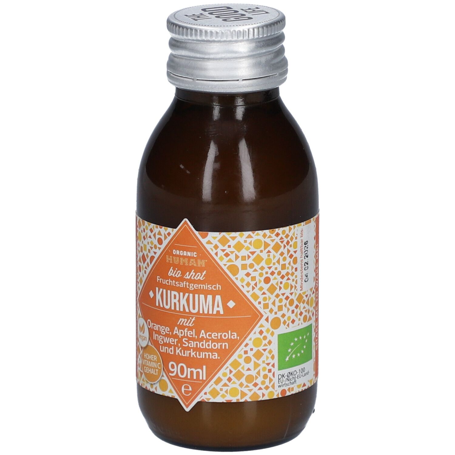 Braune Glasflasche mit silbernem Deckel. Etikett mit Produktnamen Kurkuma und Zutaten. 90ml.