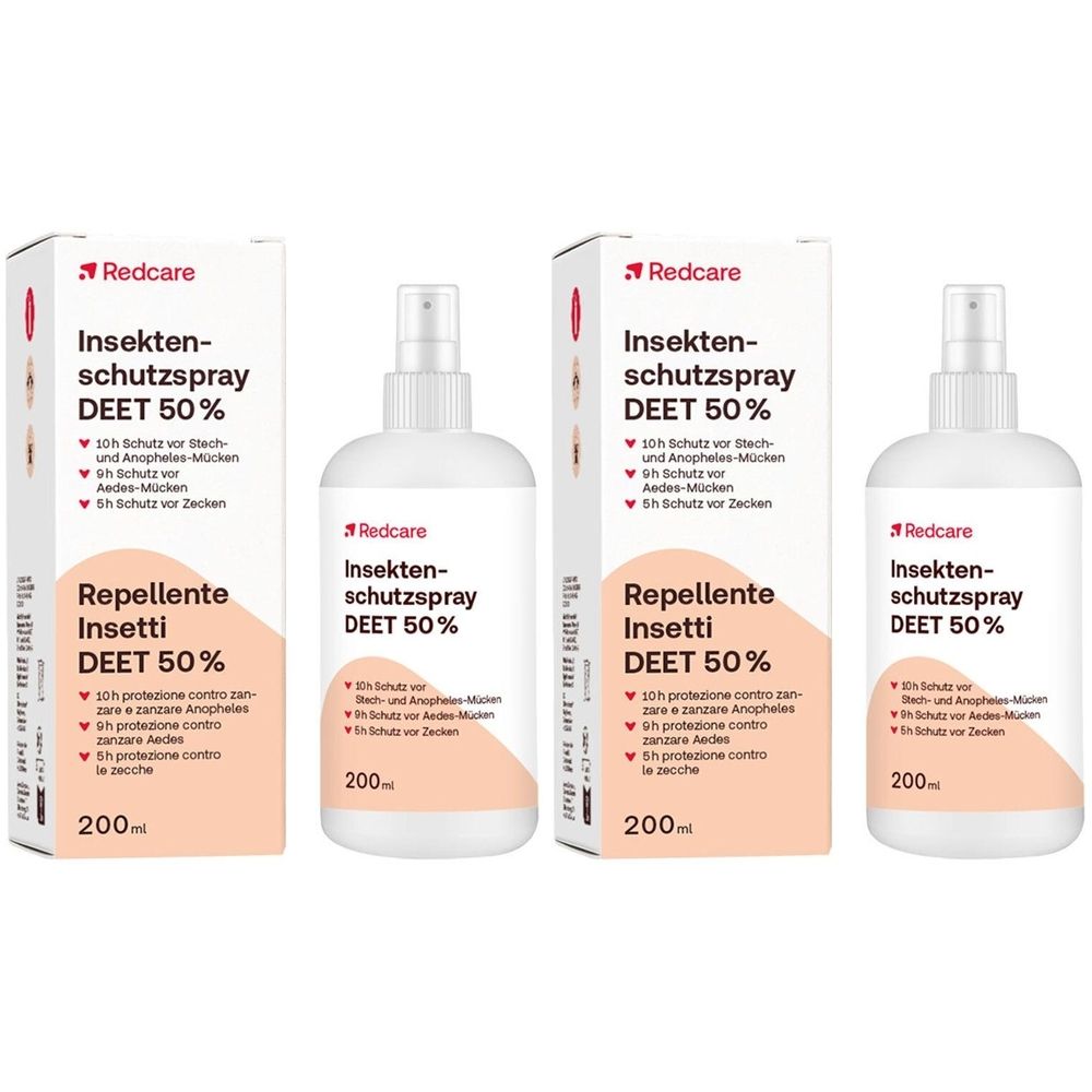 Redcare Insektenschutzspray DEET 50% mit Sprühflasche und Verpackung. Text: Repellente Insetti DEET 50%.