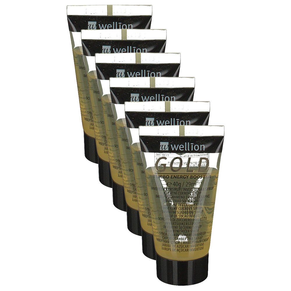 Acht Tuben mit goldfarbenem Inhalt. Auf jeder Tube steht "wellion GOLD".