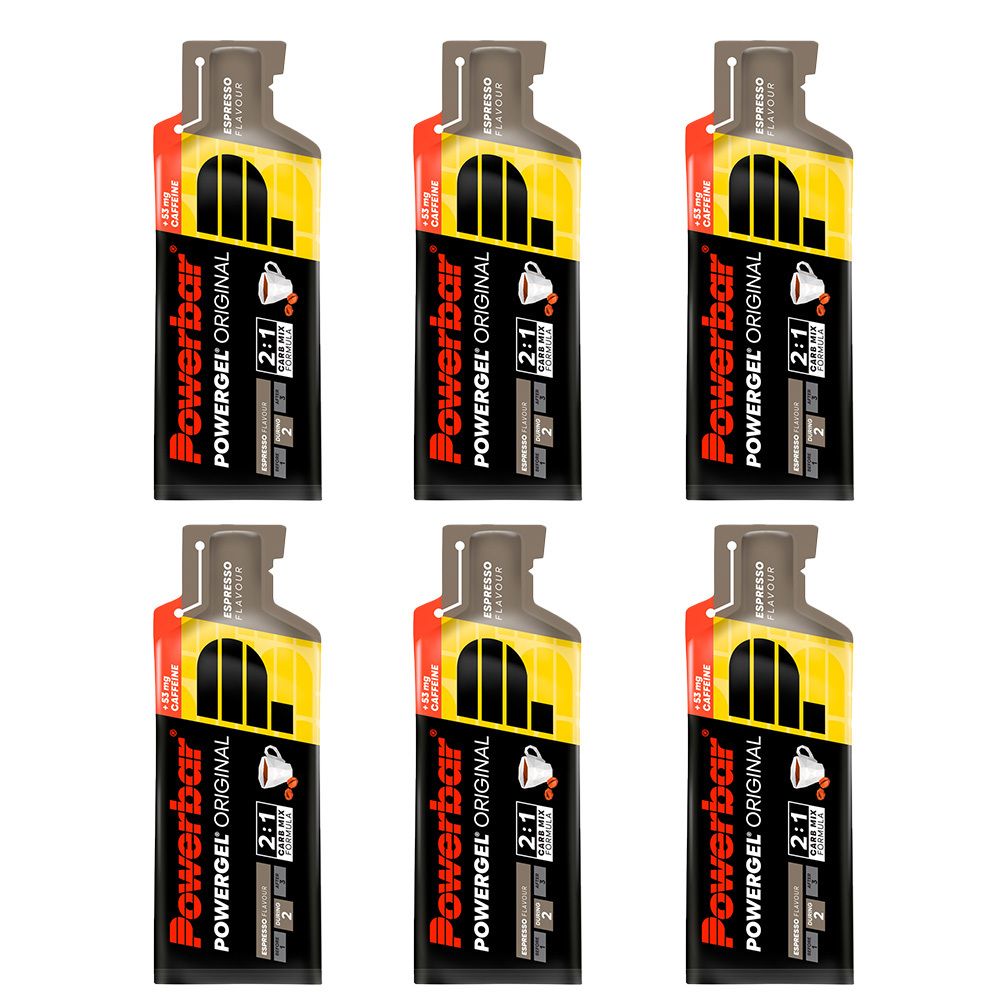 Sechs PowerBar PowerGel Original Espresso-Gels. Schwarze Verpackung mit roter und gelber Schrift. Espresso-Geschmack.